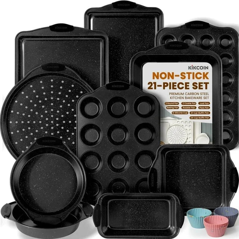 Nonstick Bakeware Set, 21-Piece Durable Carbon Steel Baking Pans with Silicone Handles, Cookie Sheets (Black)