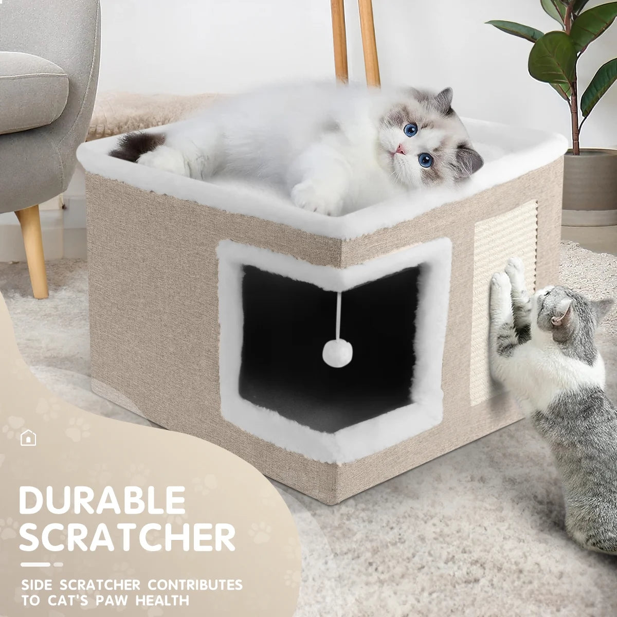 Indoor Pet Bed for Cats - Foldable Covered Kennel with Integrated Scratching Board, Ideal for Small Pets, Light Gray