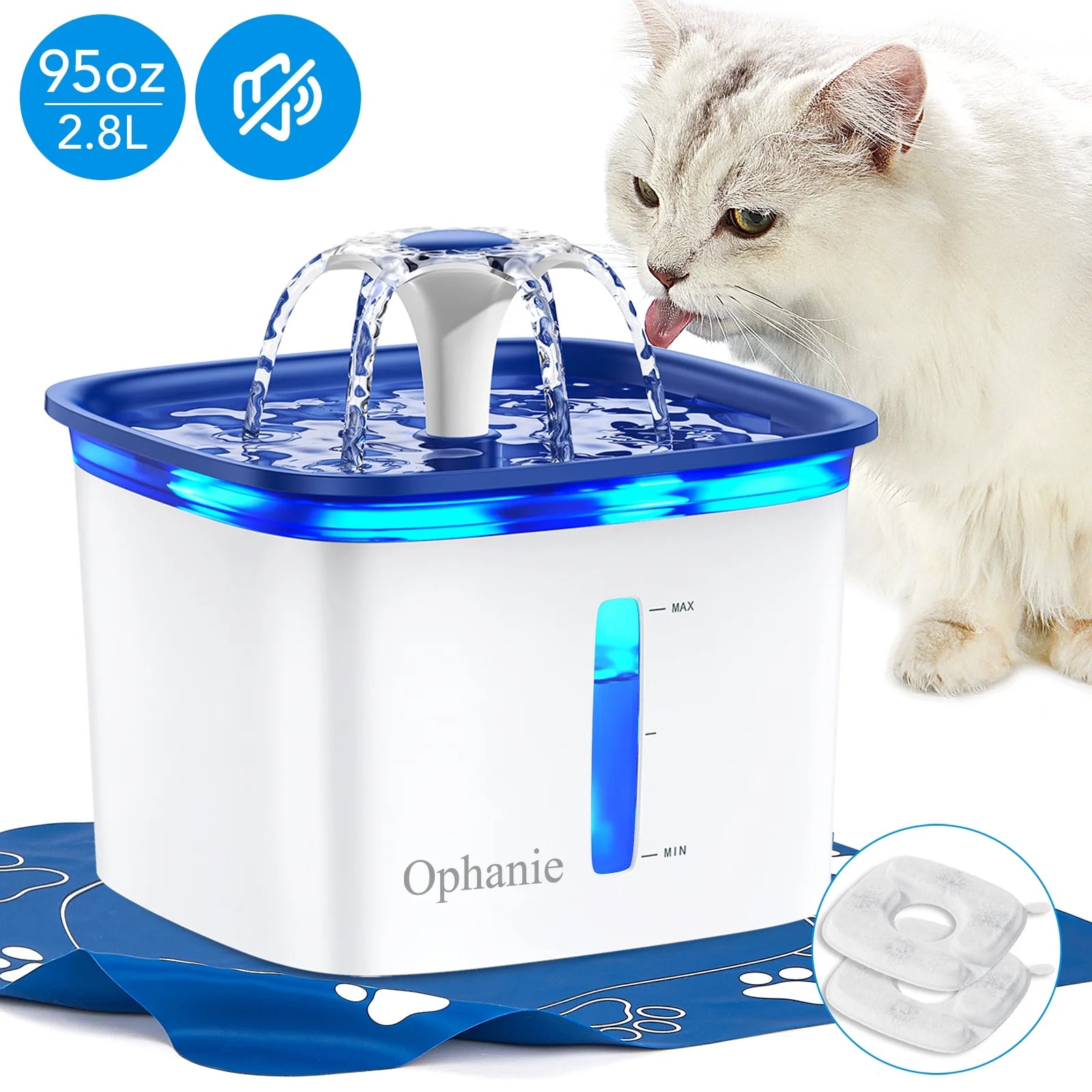 2.8L Automatic Pet Water Fountain with Anti-Slip Mat and Replacement Filters - White & Blue