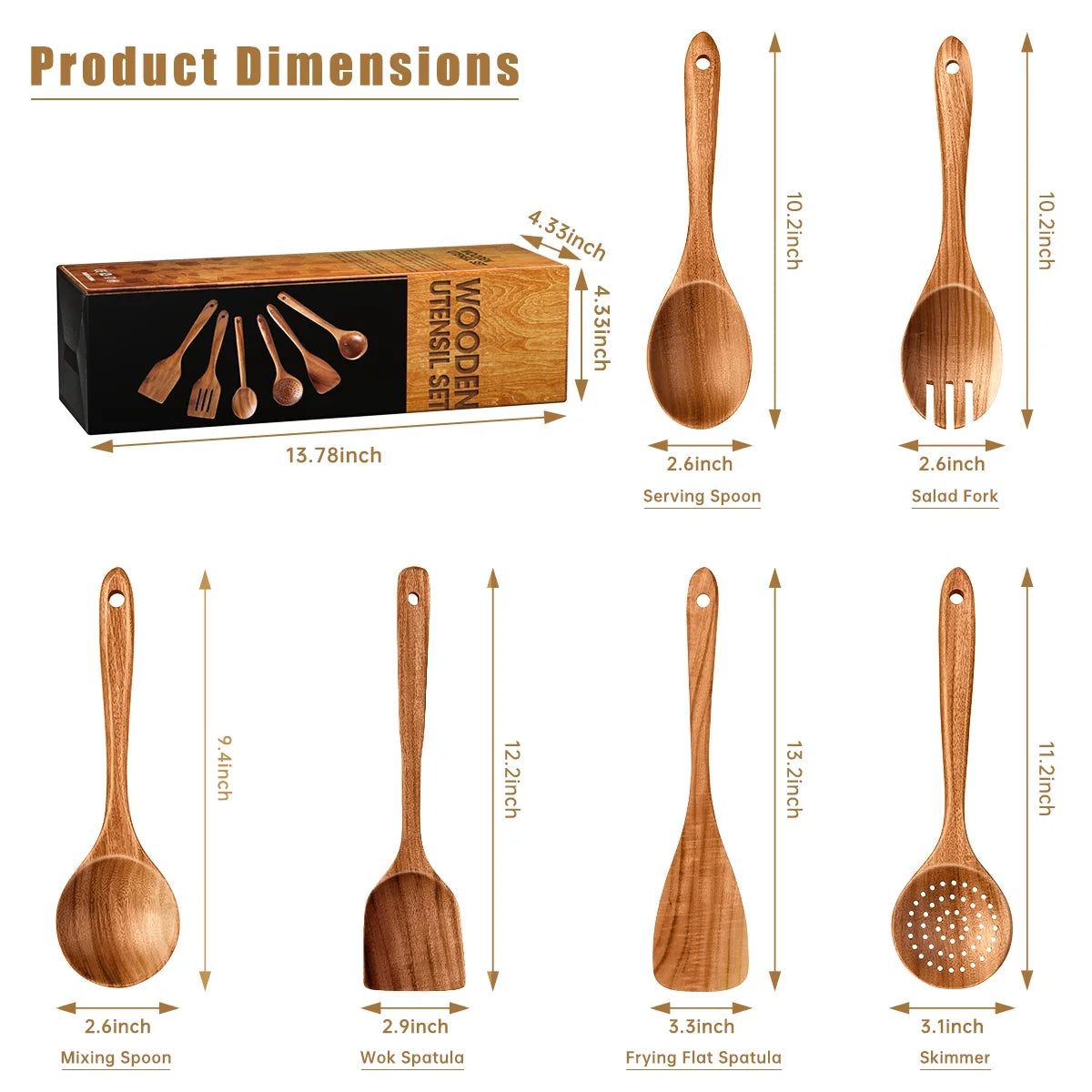 Teak Wood Cooking Utensil Set - 6 Piece Lightweight, Sturdy, and Heat Resistant Wooden Spoons and Spatula for Nonstick Pans and Cookware