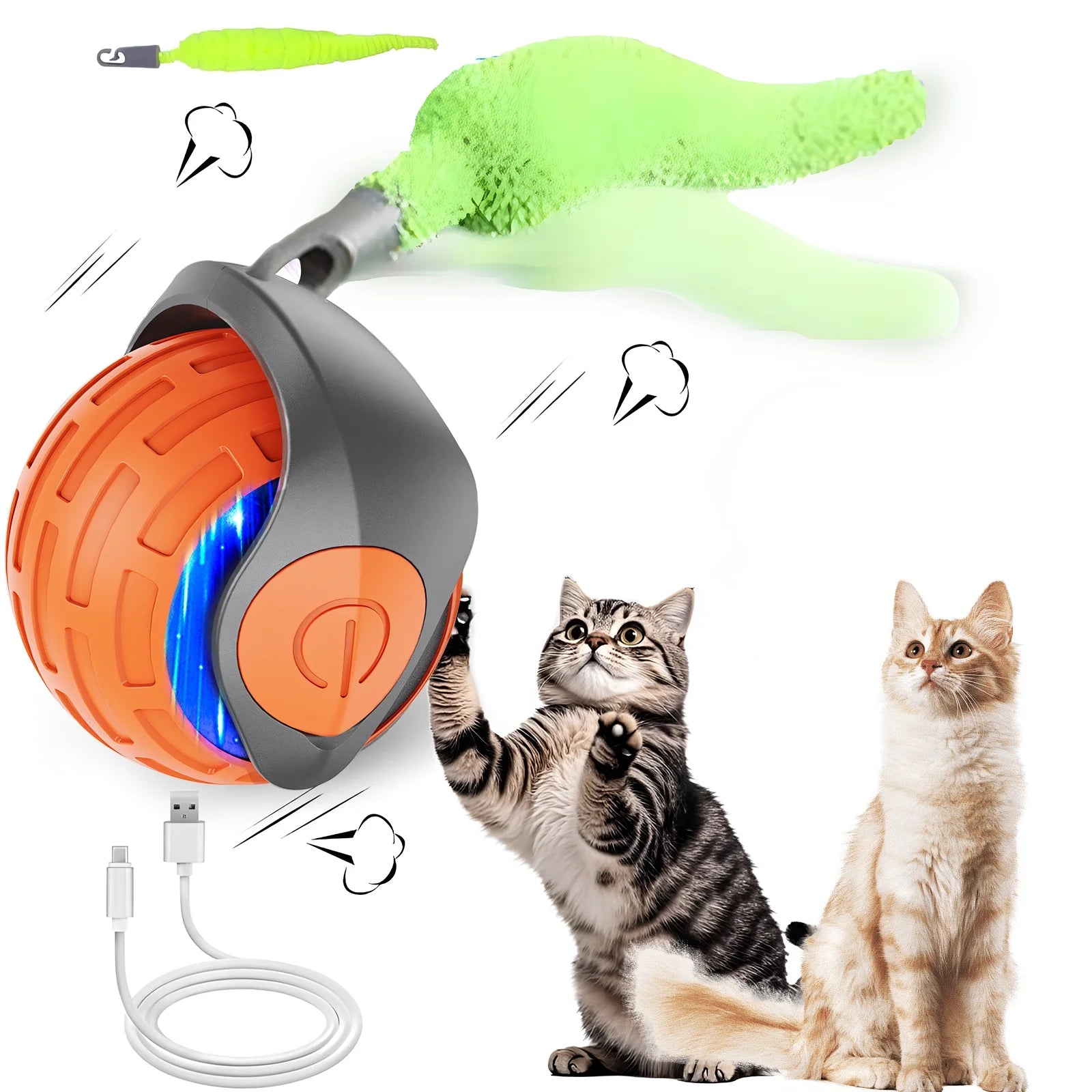 Cat Interactive Ball Toys Rolling Ball Faux Tail Rechargeable Smart Pet Toys Interactive Toys for Indoor Cats（2Pcs)）
