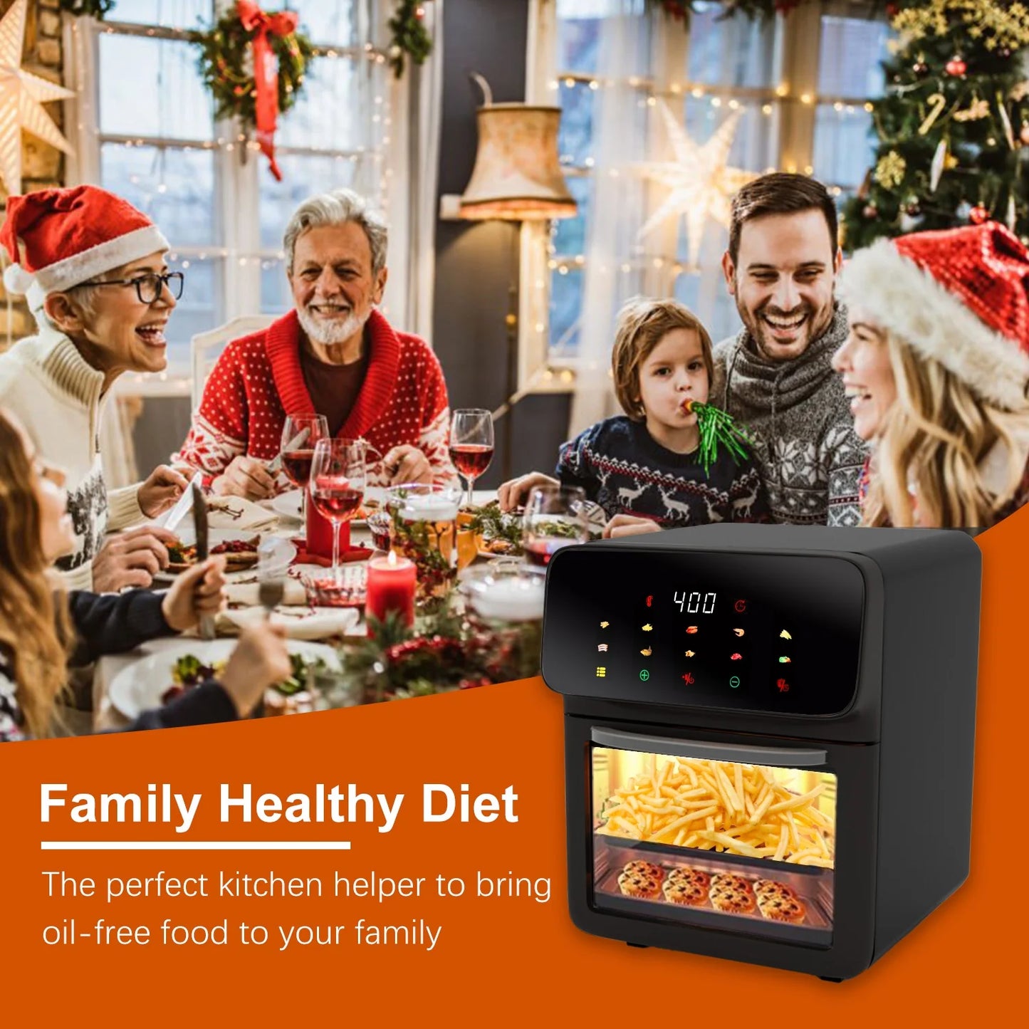 12QT Convection Oven Air Fryer with 10-in-1 Functionality, Touchscreen, and Visible Window in Black