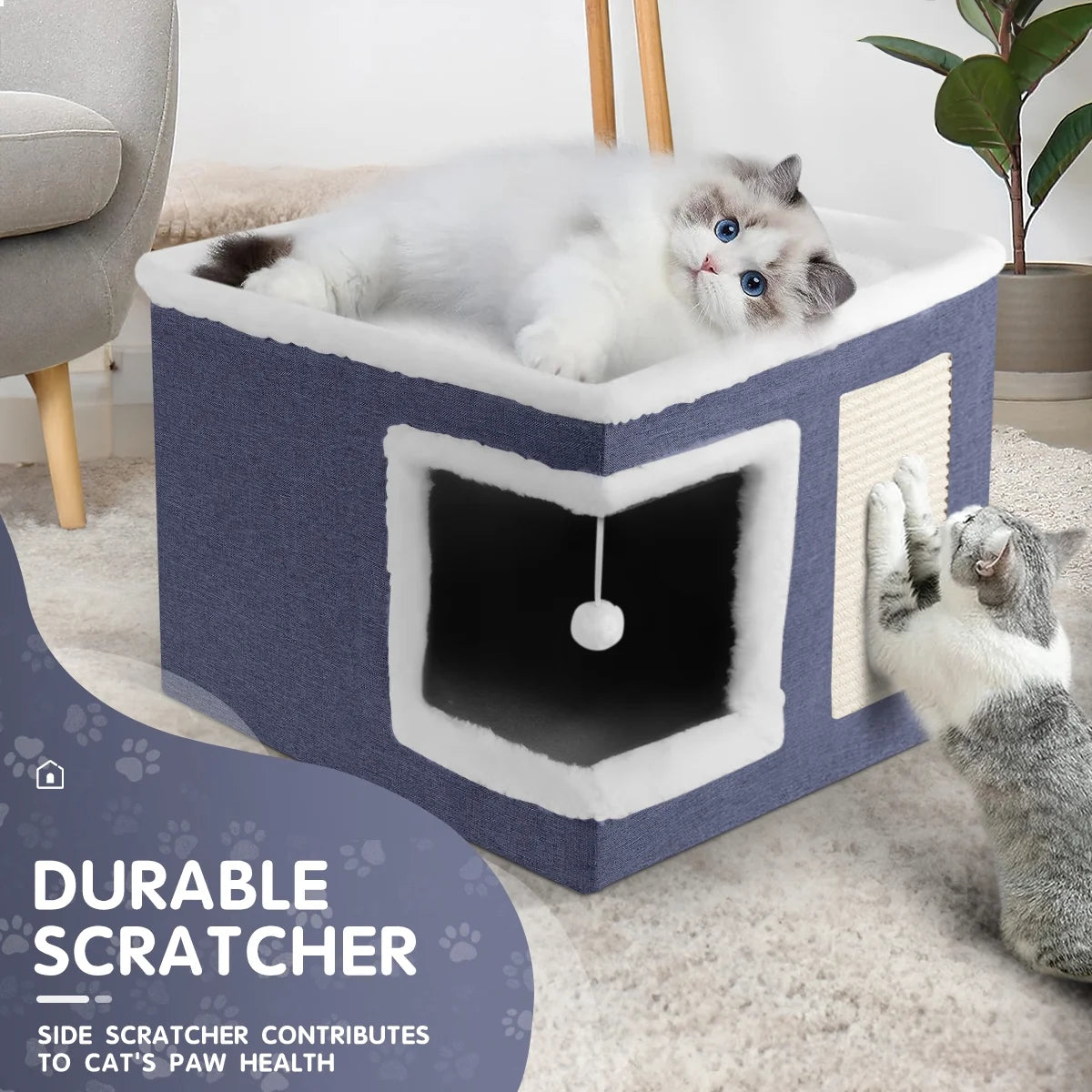 Indoor Pet Bed for Cats - Foldable Covered Kennel with Scratching Board, Ideal for Small Pets, Dark Blue