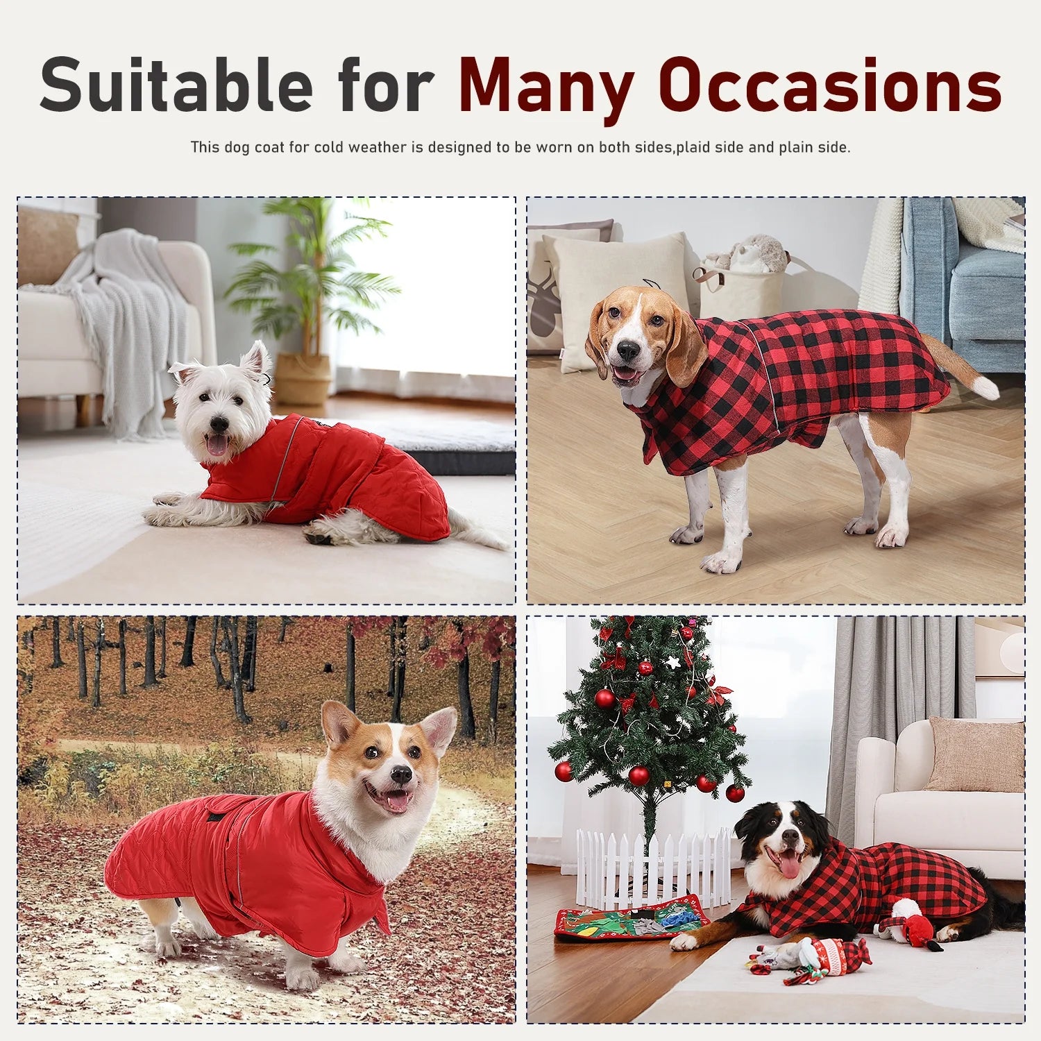 Reversible Plaid Winter Coat for Dogs – Warm Cold Weather Jacket (Sizes XS-3XL) in Red
