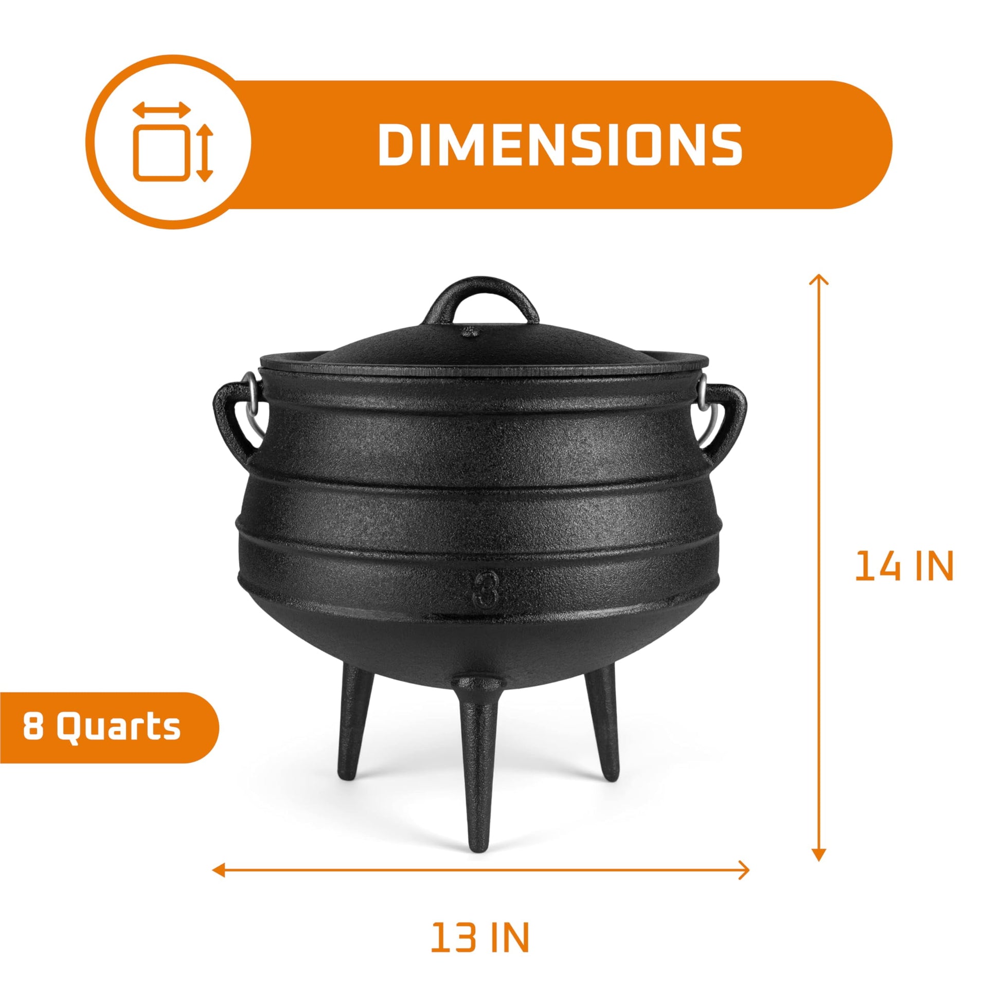 8-Quart Pre-Seasoned Cast Iron Cauldron - African Potjie Pot with Lid - 3-Legged Pot for Even Heat Distribution - Outdoor Cast Iron Dutch Oven Cookware for Campfire Cooking and Boiling