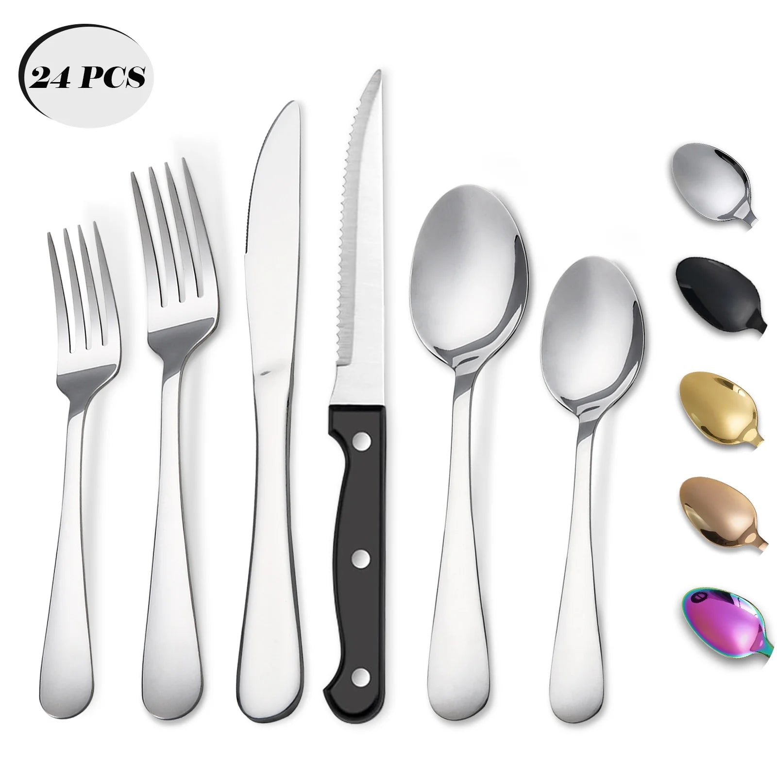 24 Piece Stainless Steel Flatware Set for 4 with Steak Knives