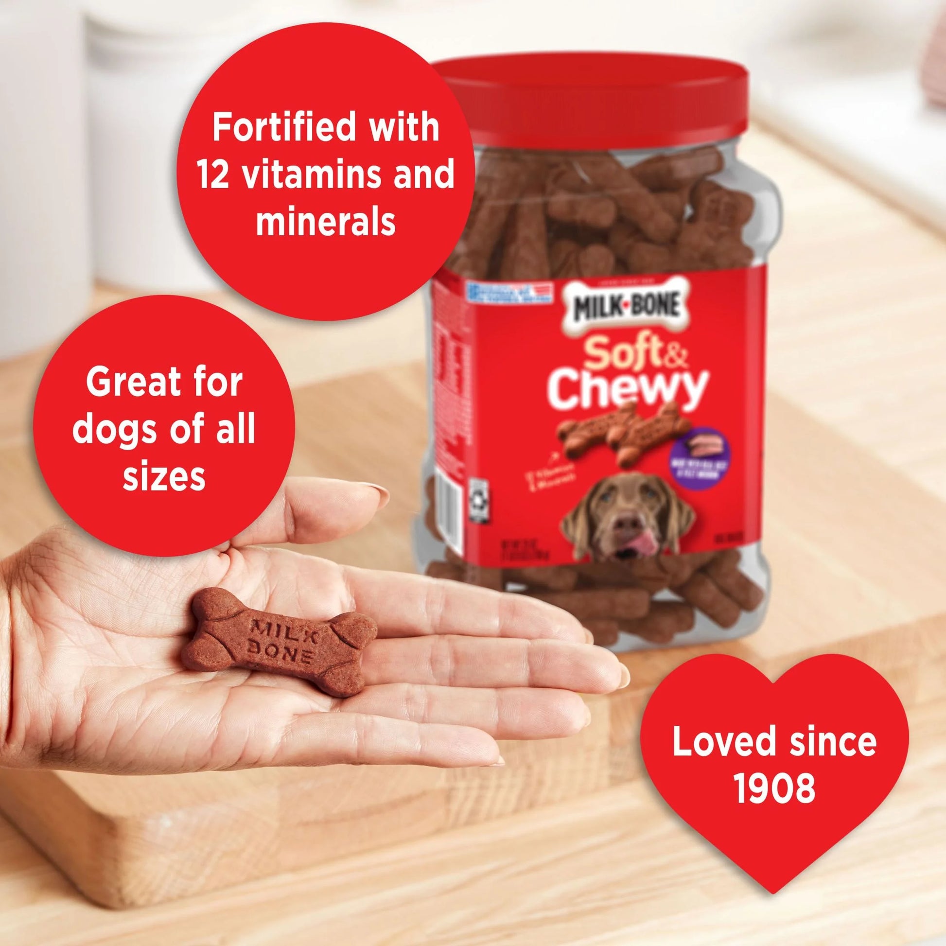 Milk Bone Soft and Chewy Dog Treats, Beef and Filet Mignon Recipe with Chuck Roast, 25 oz Container