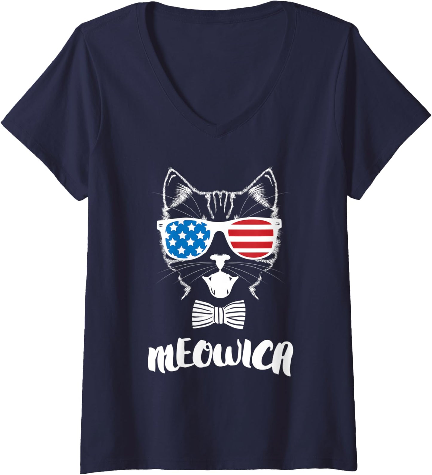4Th of July Meowica Cute Cool Kitty Funny Cat Ladies' V-Neck Tshirt