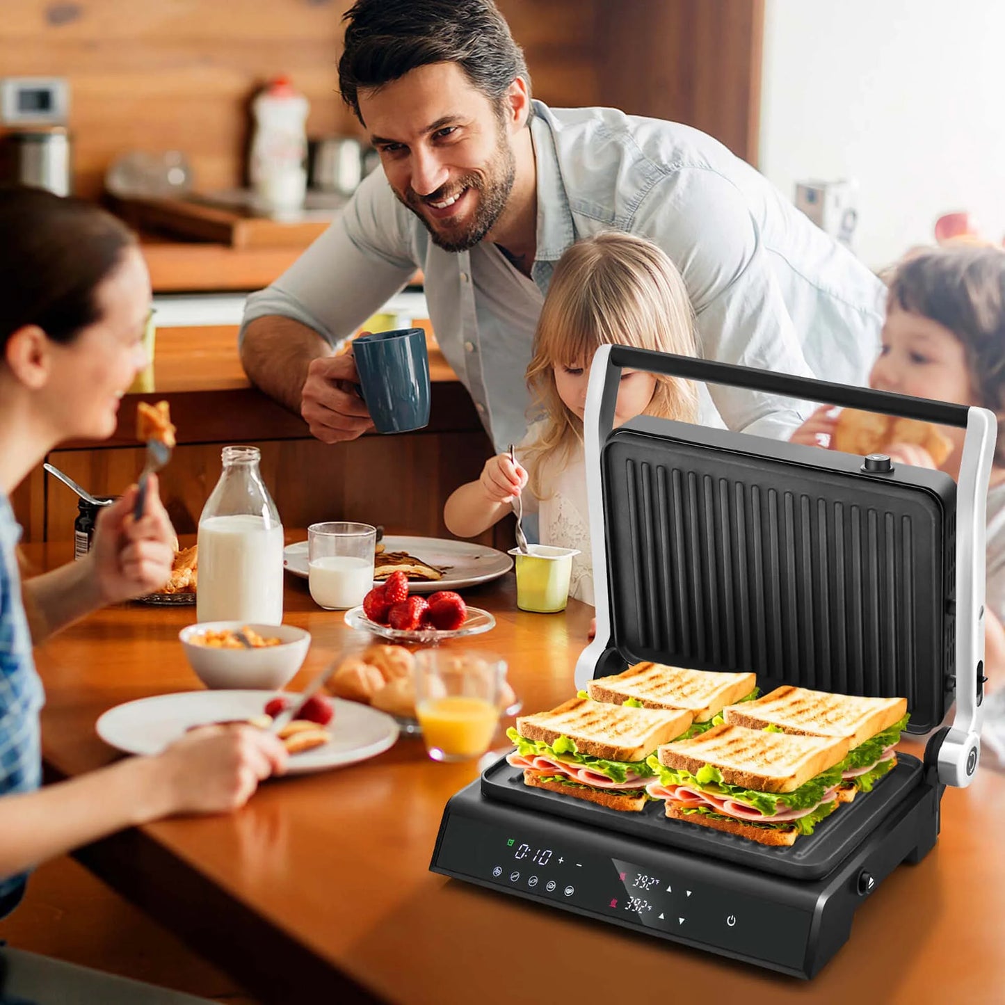 Electric Panini Press Grill Sandwich Maker with LED Display & Removable Drip Tray