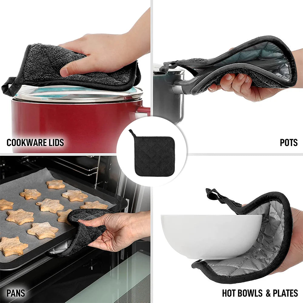Kitchen Pot Holders Sets Heat Resistant Pot Holder Cotton Oven Hot Pads for Cooking Baking Set of 3 7X7" Black