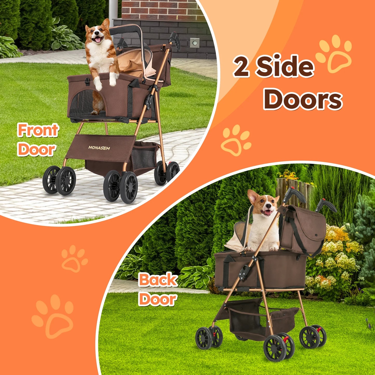 4-Wheel Foldable Pet Stroller 3-in-1 with Waterproof Detachable Travel Carrier for Small to Medium Dogs and Cats up to 60 lbs, Brown