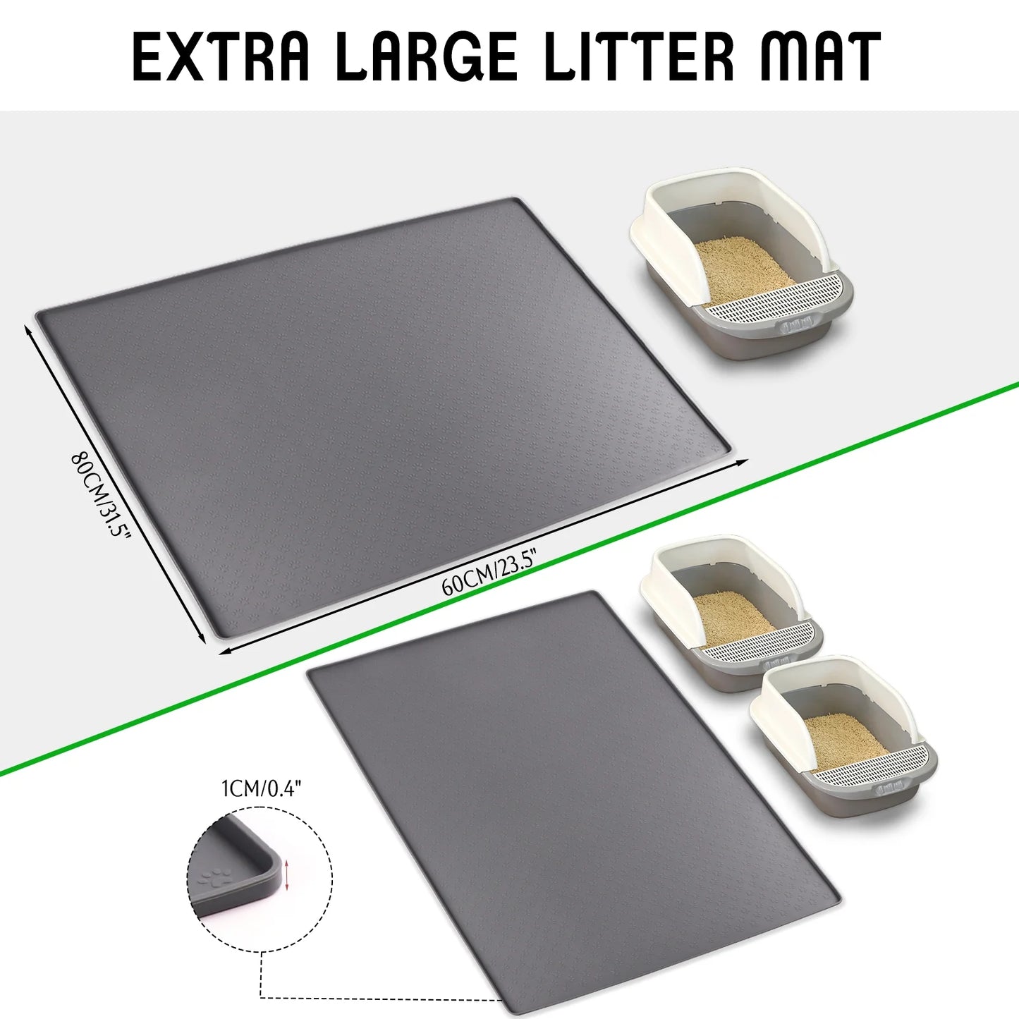 Large Cat Litter Mat - 24" x 32" Food-Grade Silicone, Waterproof, Non-Slip, Easy to Clean for Effective Litter Trapping (Grey)
