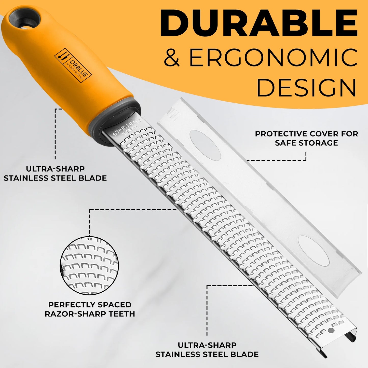 Lemon Zester & Cheese Grater - Premium Citrus Zester, Kitchen Grater for Parmesan, Chocolate, Fruits, Vegetables, Ginger, Garlic, Nutmeg - Stainless Steel Blades with Protective Cover, Orange
