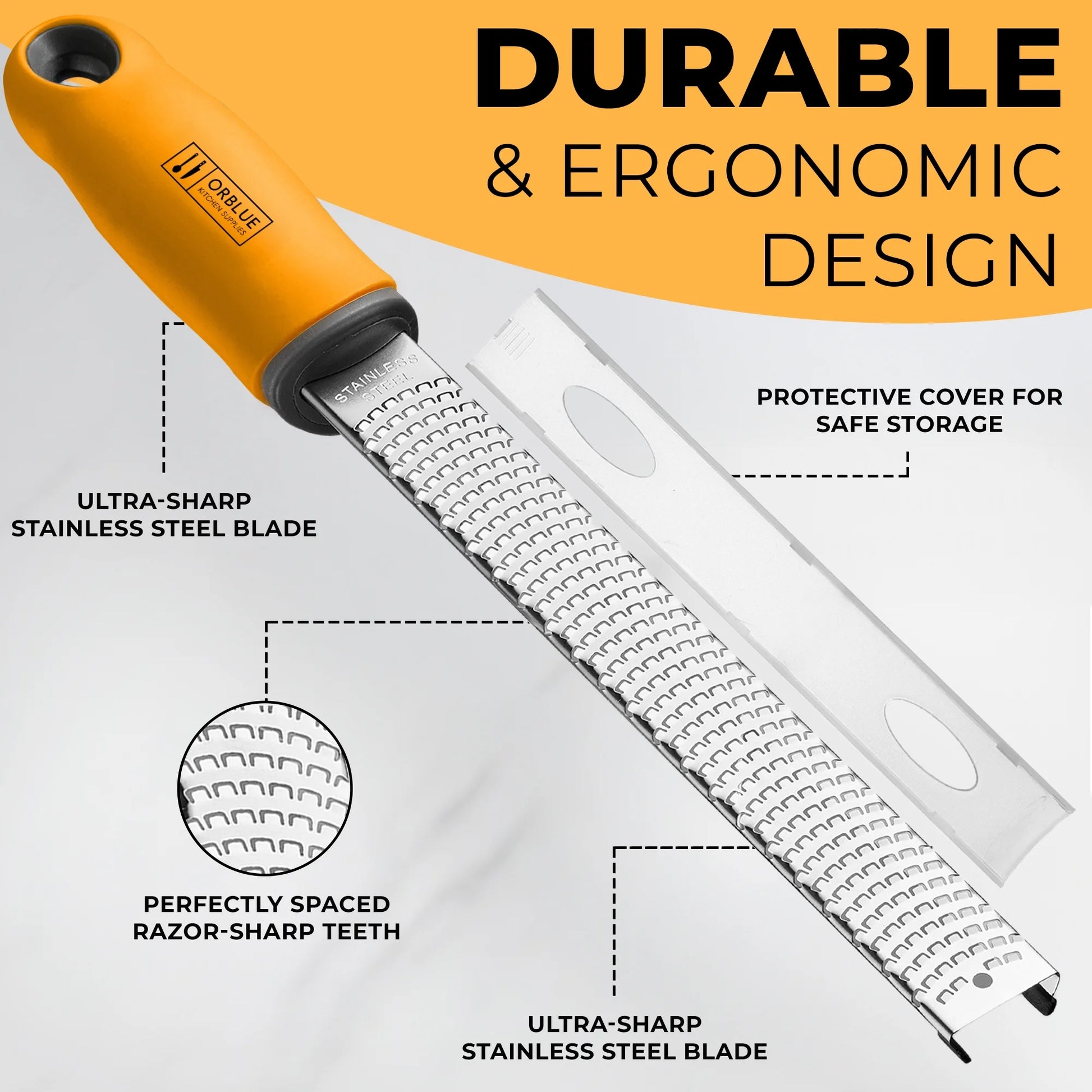 Lemon Zester & Cheese Grater - Premium Citrus Zester, Kitchen Grater for Parmesan, Chocolate, Fruits, Vegetables, Ginger, Garlic, Nutmeg - Stainless Steel Blades with Protective Cover, Orange