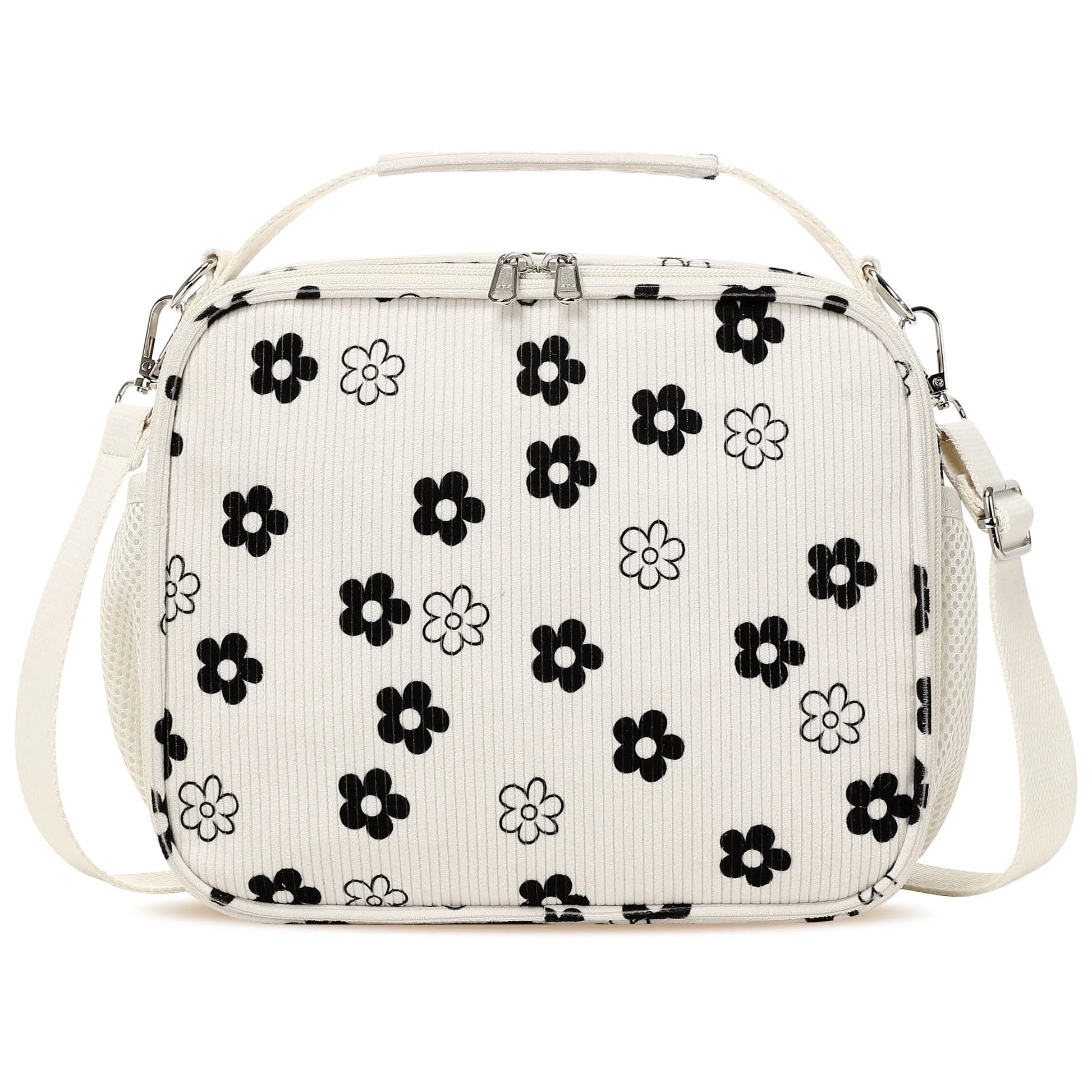 Black & White Floral Corduroy Lunch Bag - Handheld or Shoulder Carry Insulated Lunch Box