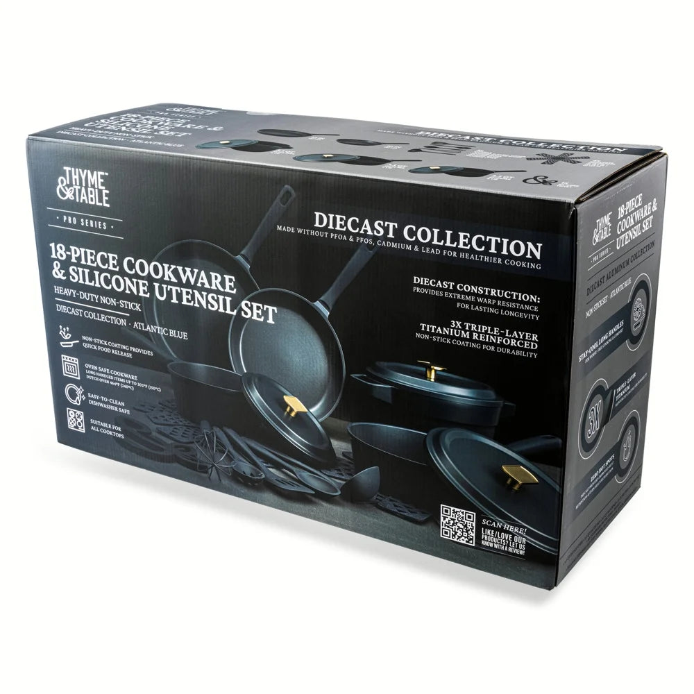 18-Piece Non-Stick Diecast Cookware & Silicone Utensil Set, Pots and Pans Set - Atlantic Blue