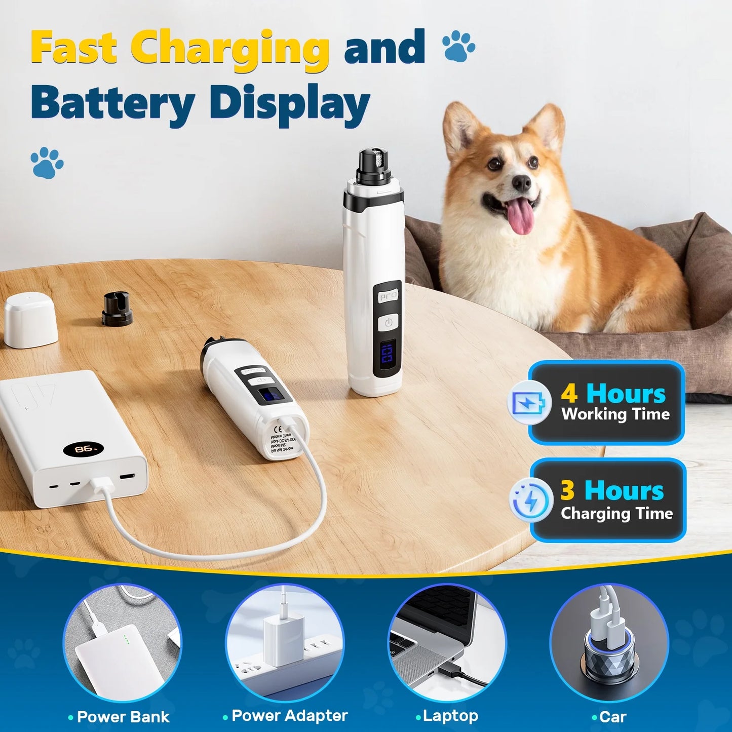 Electric Dog Nail Grinder with Dual LED Lights - Ultra Quiet and Low Vibration Trimmers for Dogs and Cats of All Sizes