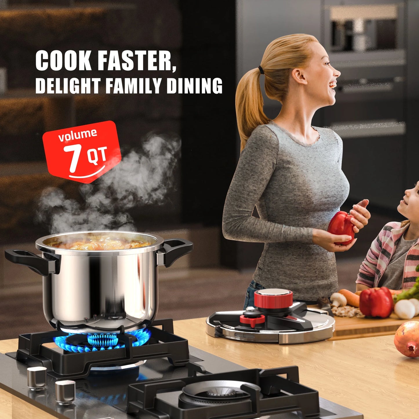 18/8 Stainless Steel Pressure Cooker 7 Quart Cook Pot 15 PSI, Food-Grade Olla De Presion [One Hand Operation Pressure Canner 7 QT] Rotating Locking Lid, Steam Rack Included