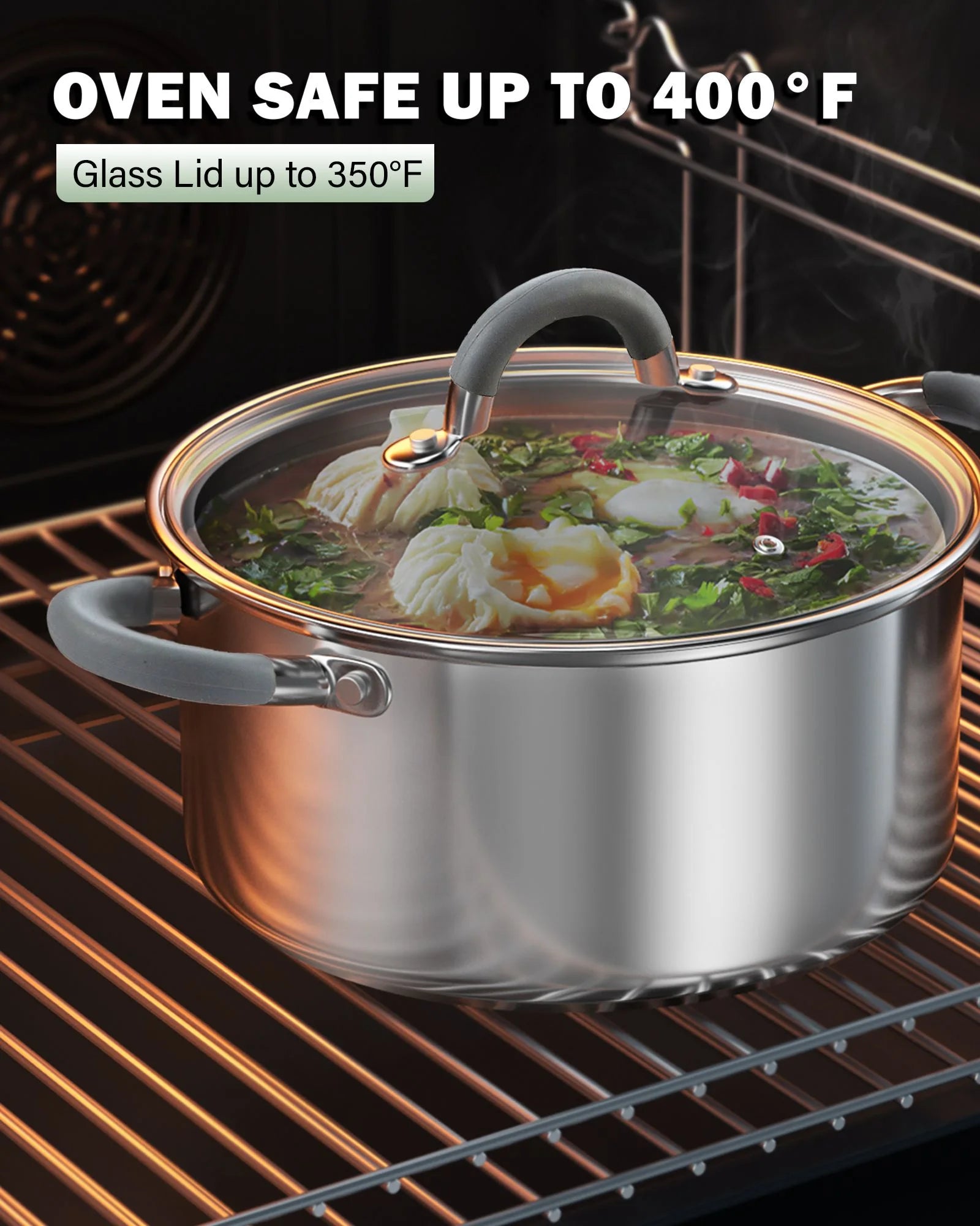 Kitchen Cookware Sets, 12-Piece Basic Stainless Steel Pots and Pans with Grey Silicone Handles, Silver