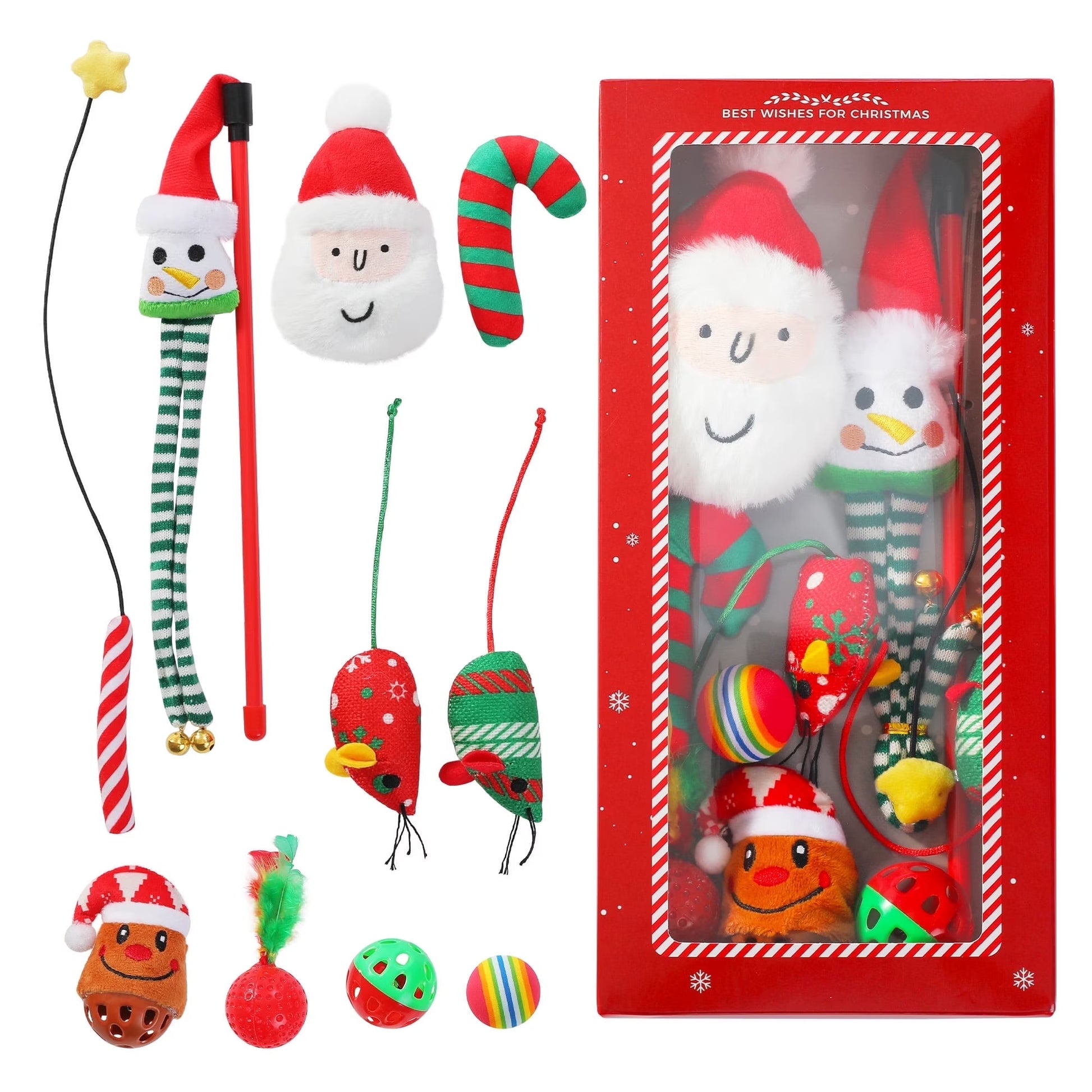 10-Piece Interactive Cat Toy Set Featuring 4 Balls, 2 Catnip Mice, and 2 Teaser Sticks