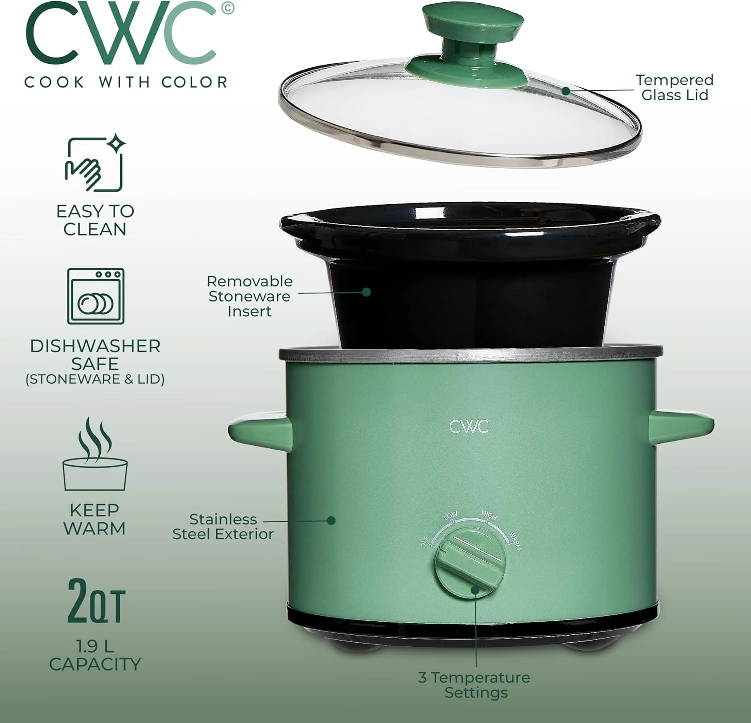2-Quart Mini Slow Cooker with Removable Stoneware Pot, Dark Sage Green