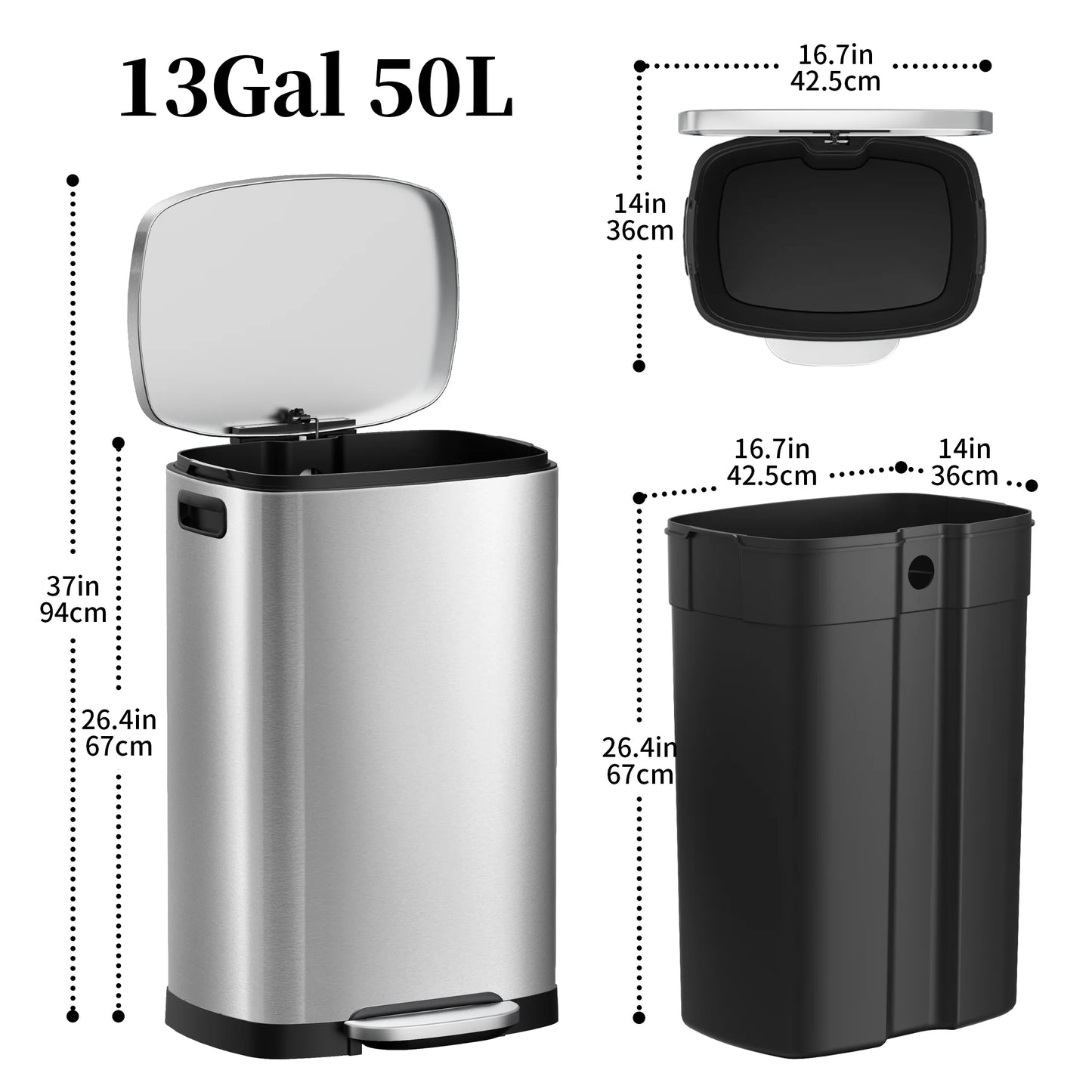 13 Gallon Trash Can with Lid,Fingerprint-Proof Stainless Steel Kitchen Trash Can with Soft-Close Lid and Removable Inner Bucket,Silver