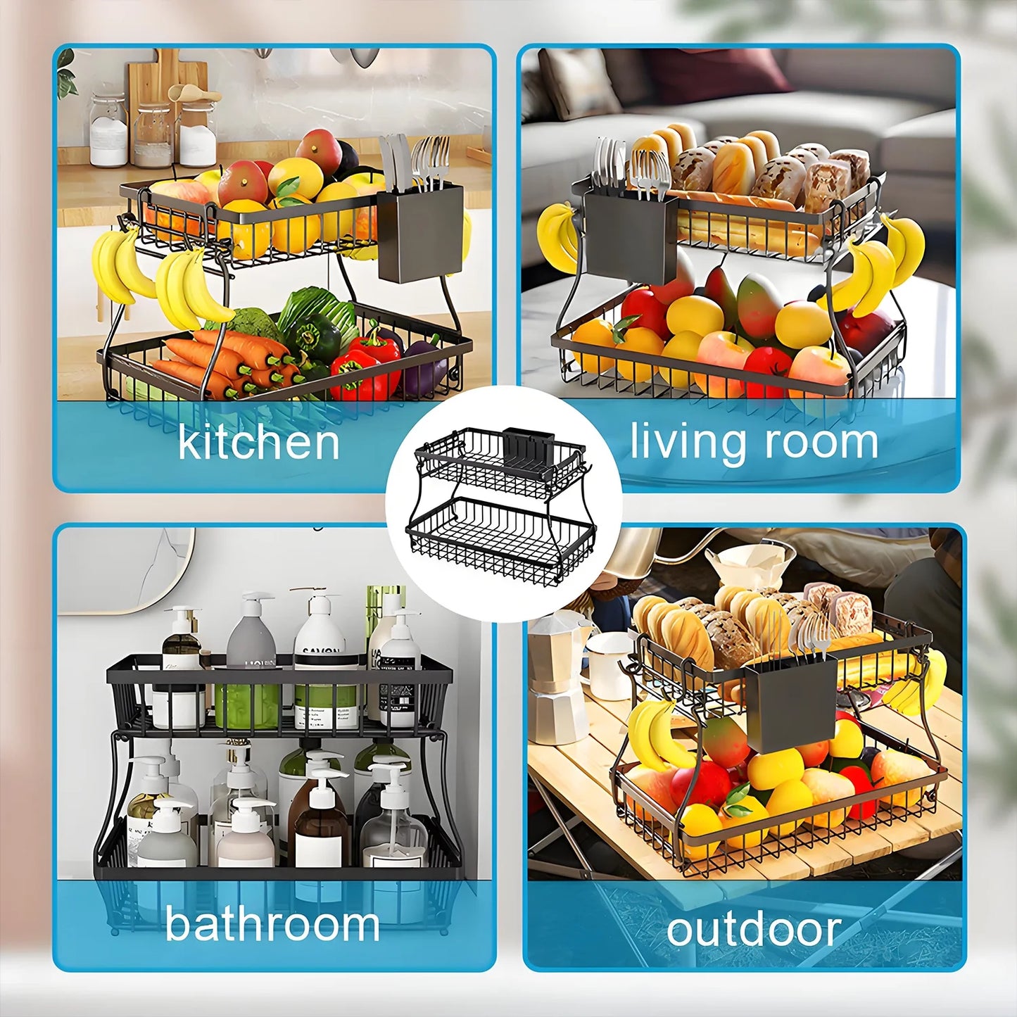 2-Tier Countertop Fruit Basket - Black Metal Organizer W/4 Banana Hooks & Knife Holder, 10X3X16In for Kitchen/Dining Room