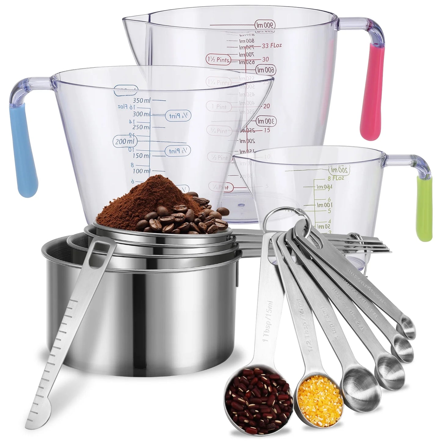 14-Piece Measuring Cups and Spoons Set, Nesting Stainless Steel Measuring Cups Spoons with Plastic Measuring Cup for Dry and Liquid Ingredients, Kitchen Cooking & Baking Gadgets