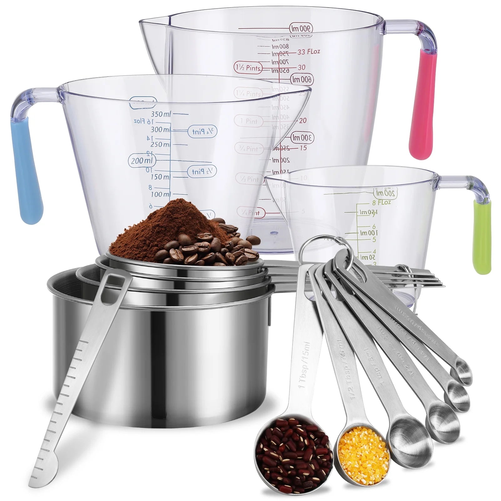 14-Piece Measuring Cups and Spoons Set, Nesting Stainless Steel Measuring Cups Spoons with Plastic Measuring Cup for Dry and Liquid Ingredients, Kitchen Cooking & Baking Gadgets
