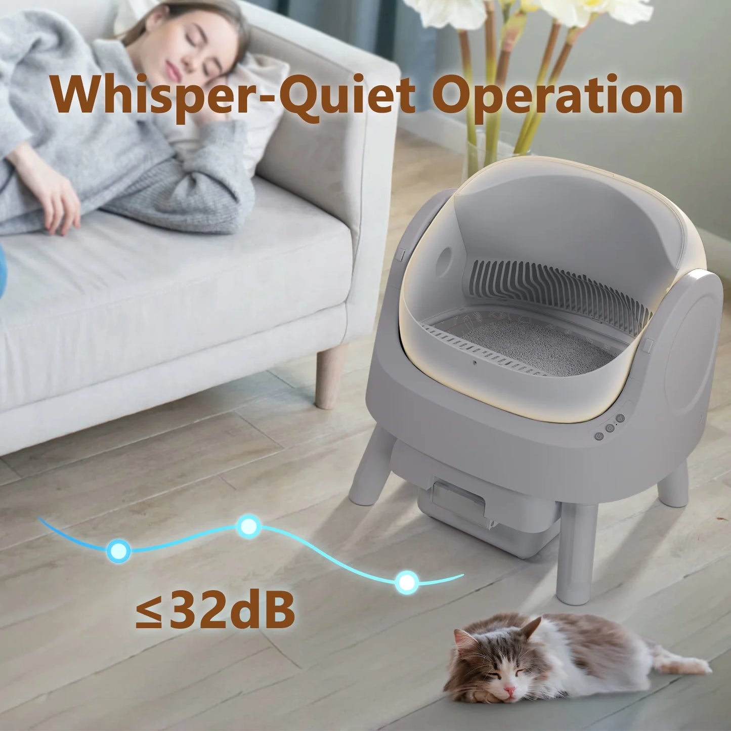 Self-Cleaning Automatic Cat Litter Box with Safety Features, Included Mat and Trash Bags, Steel Construction