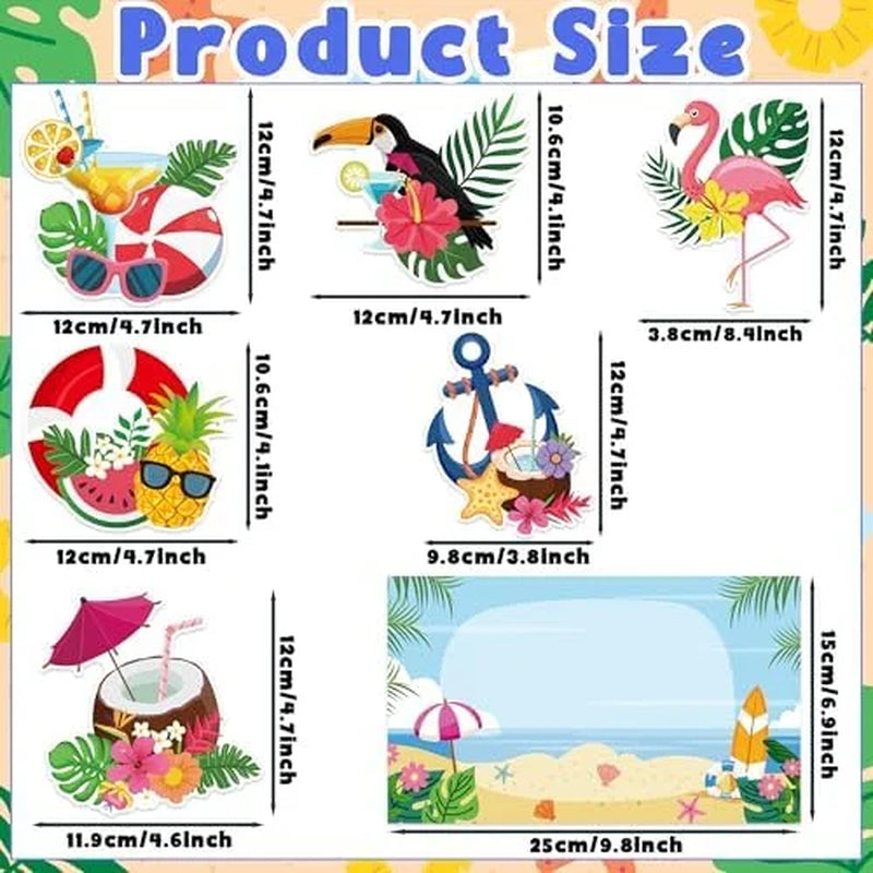 Tropical Hawaii Cruise Magnetic Door Decorations - Set of 7 Summer Beach Fridge Magnets Featuring Flamingo and Coconut Drink Designs for Carnival Party Decor