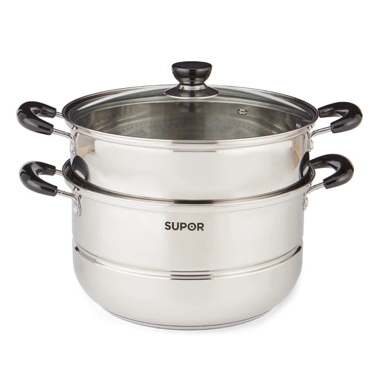 2-Tier Stainless Steel Steamer Pot with Glass Lid, 7.6QT Large, for Dumplings, Seafood, Vegetables & More