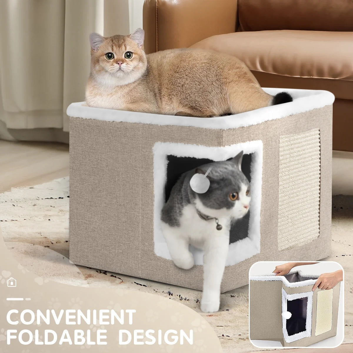 Indoor Pet Bed for Cats - Foldable Covered Kennel with Integrated Scratching Board, Ideal for Small Pets, Light Gray