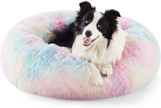 Anti-Anxiety Calming Donut Dog Bed - Self-Warming Plush Round Pet Bed for Home and Travel, 30"L x 30"W x 8"H