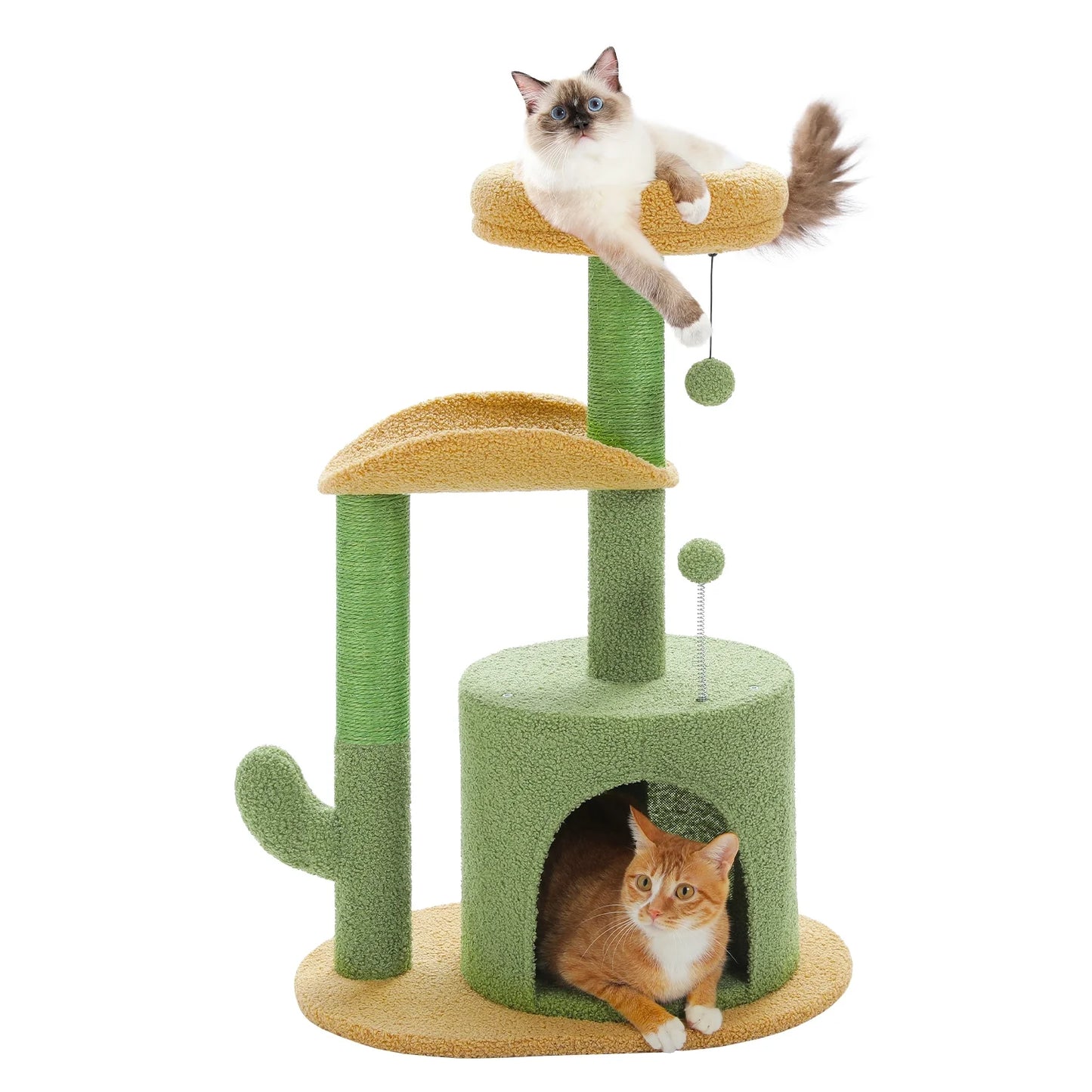 32-Inch Cactus Cat Tree Tower with Scratching Posts and Cozy Condo Perch for Indoor Cats, Green