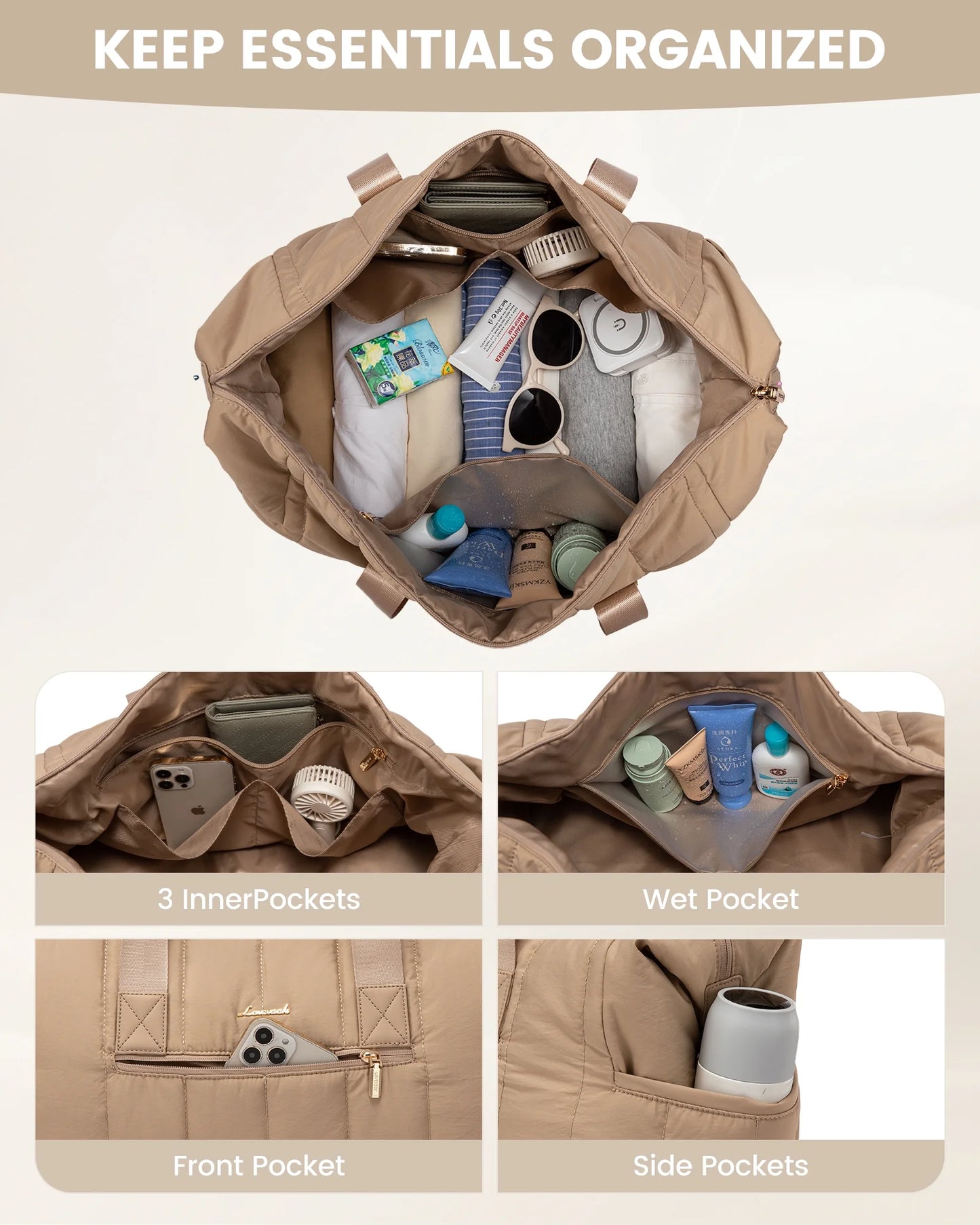 42L Puffer Duffle Bag - Versatile Travel Weekender with Toiletry Bag, Ideal for Carry-On, Hospital, and Gym Use with Dry/Wet Separation