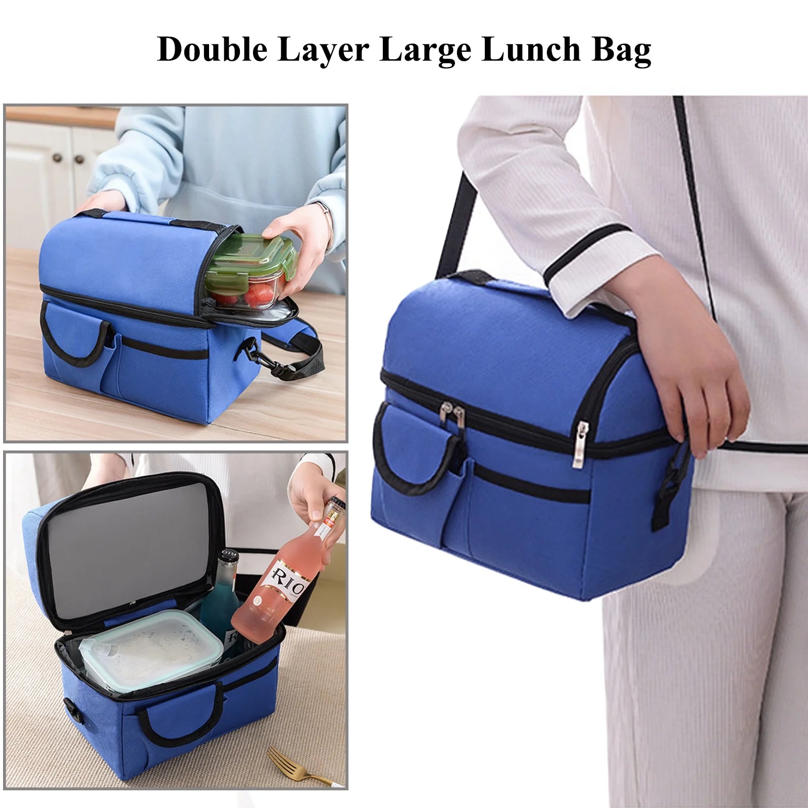 Large Insulated Lunch Bag for Women and Men, Blue Oxford Fabric Dual Compartment Reusable Lunch Box for School Office Work Picnic, Leakproof Cooler Lunch Tote Bag with Adjustable Shoulder Strap