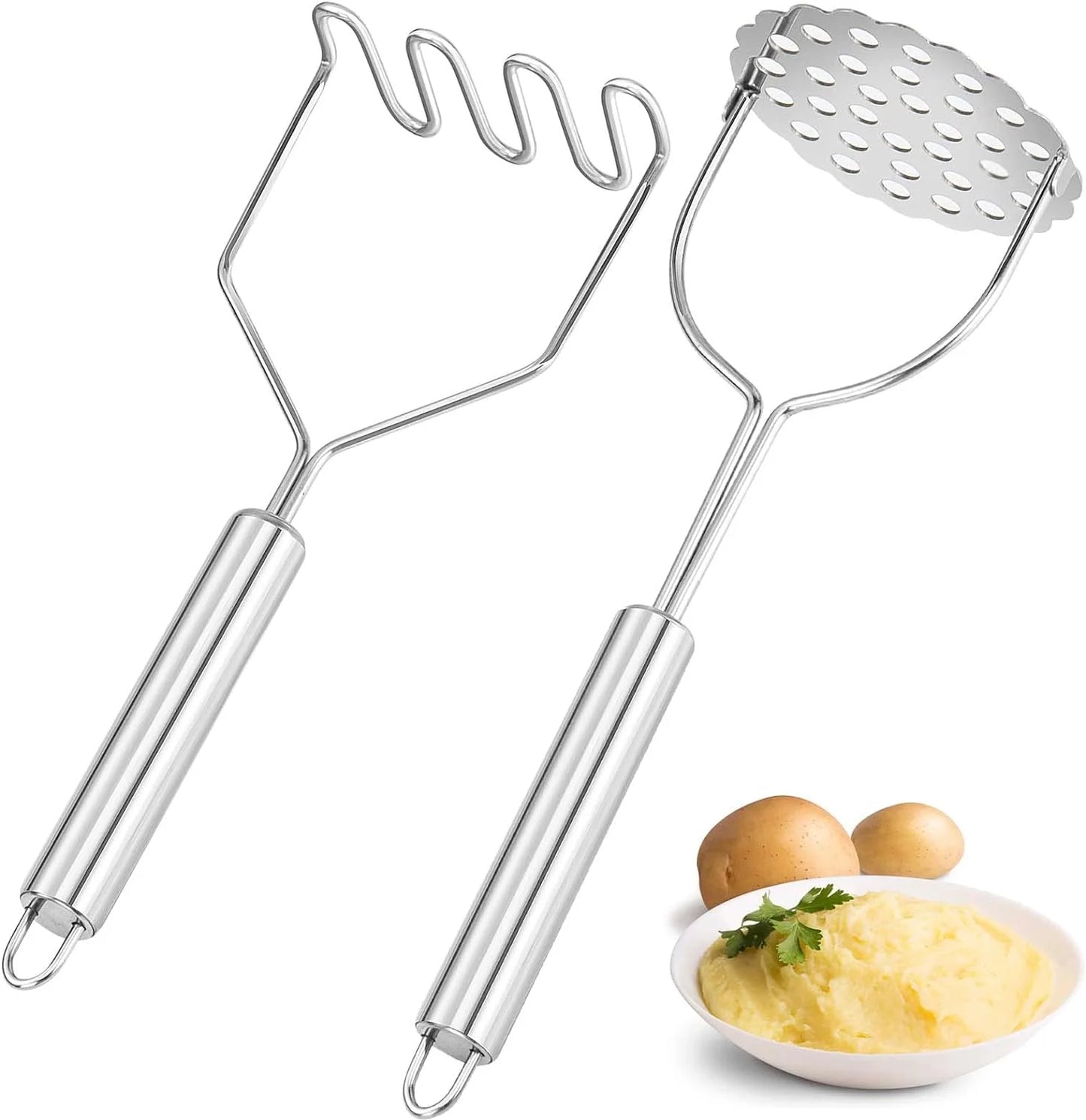 2 Pcs Potato Masher, Heavy Duty Stainless Steel Integrated Masher Kitchen Tool Wire Masher for Potatoes, Avocados, Beans, or Fruit & Vegetables