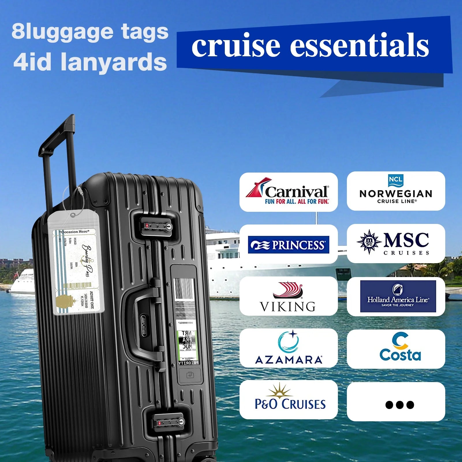 12-Piece Waterproof Cruise Luggage Tag and ID Holder Set with Zip Seal and Steel Loops, Durable PVC Holders Compatible with All Cruise Lines