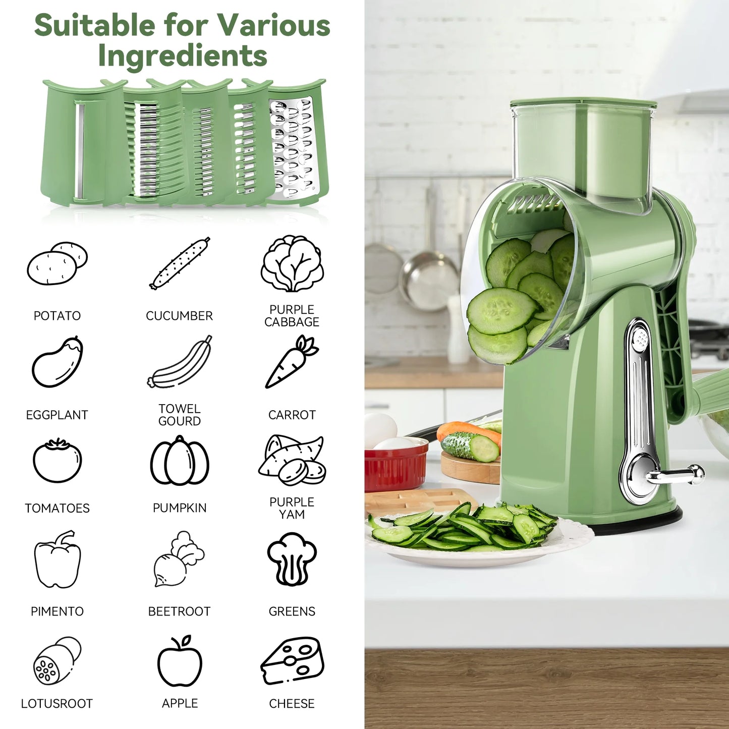 Professional Rotary Cheese Grater with Handle - 5 Interchangeable Blades, Suction Base, Mandoline Slicer & Vegetable Shredder with Blade Storage Box (Green)