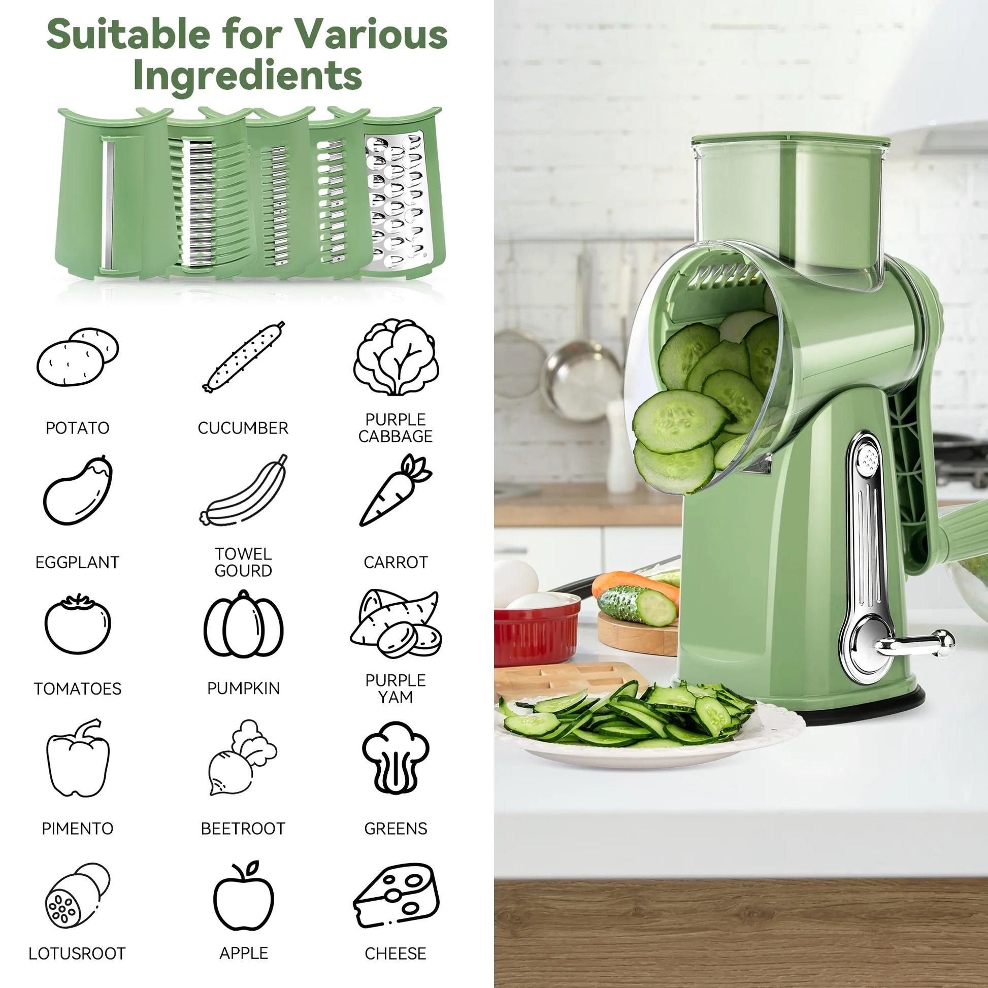 Professional Rotary Cheese Grater with Handle - 5 Interchangeable Blades, Suction Base, Mandoline Slicer & Vegetable Shredder with Blade Storage Box (Green)