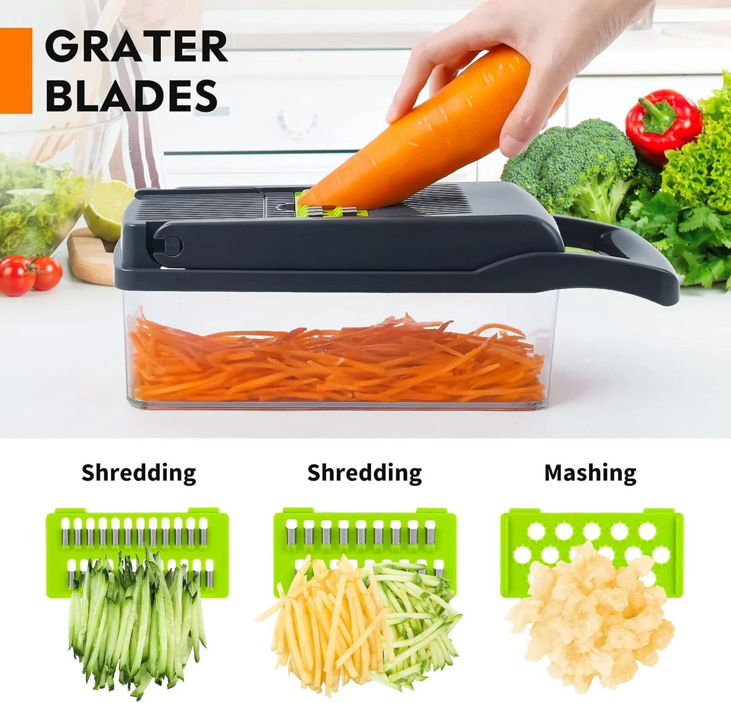 Vegetable Chopper, Pro Onion Chopper, 14 in 1Multifunctional Food Chopper, Kitchen Vegetable Slicer Dicer Cutter,Veggie Chopper with 8 Blades,Carrot Chopper with Container-Kitchen Essentials(Grey)