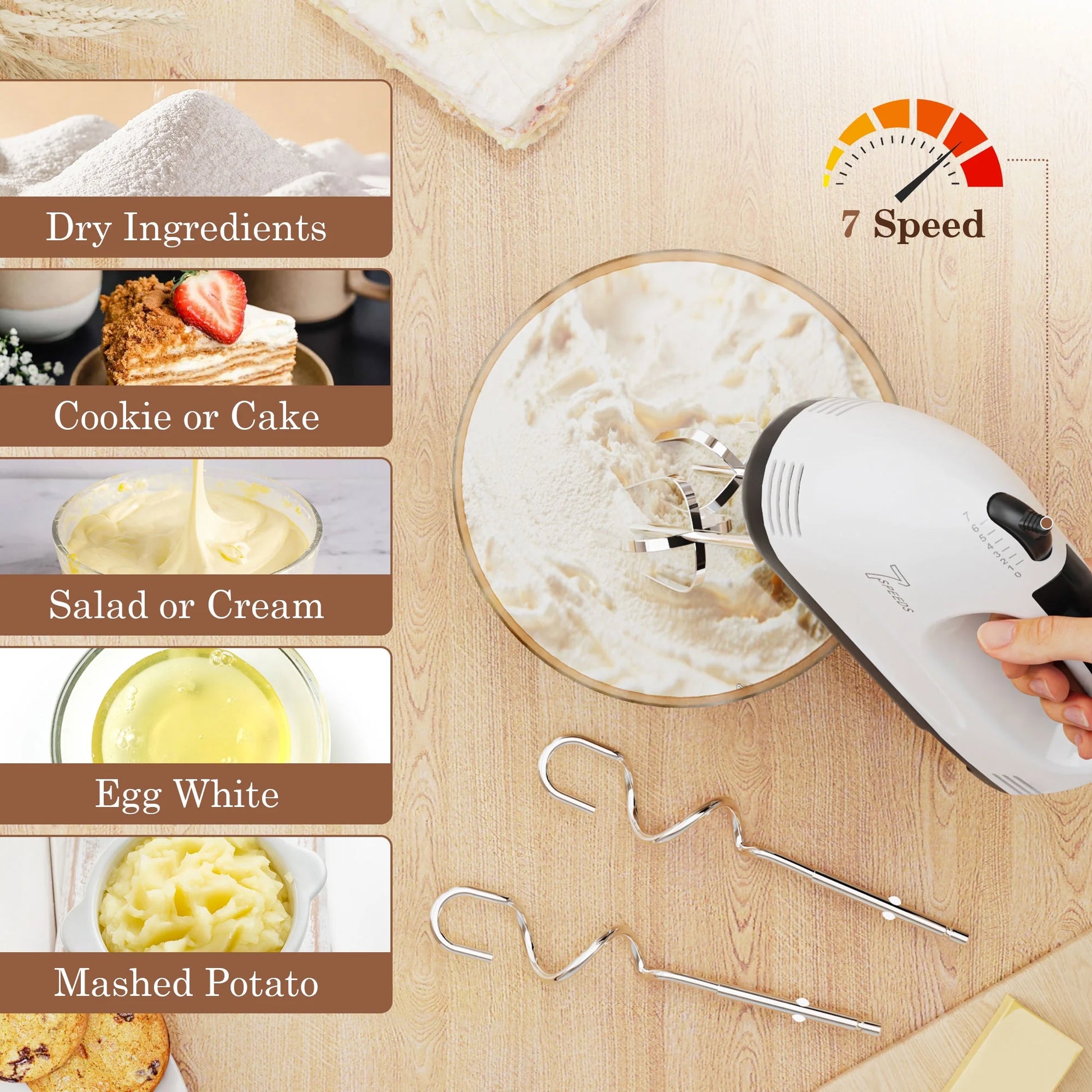 7-Speed Electric Hand Mixer with Stainless Steel Beaters and Dough Hooks, Turbo Boost Function for Baking Cakes, Eggs, and Cream
