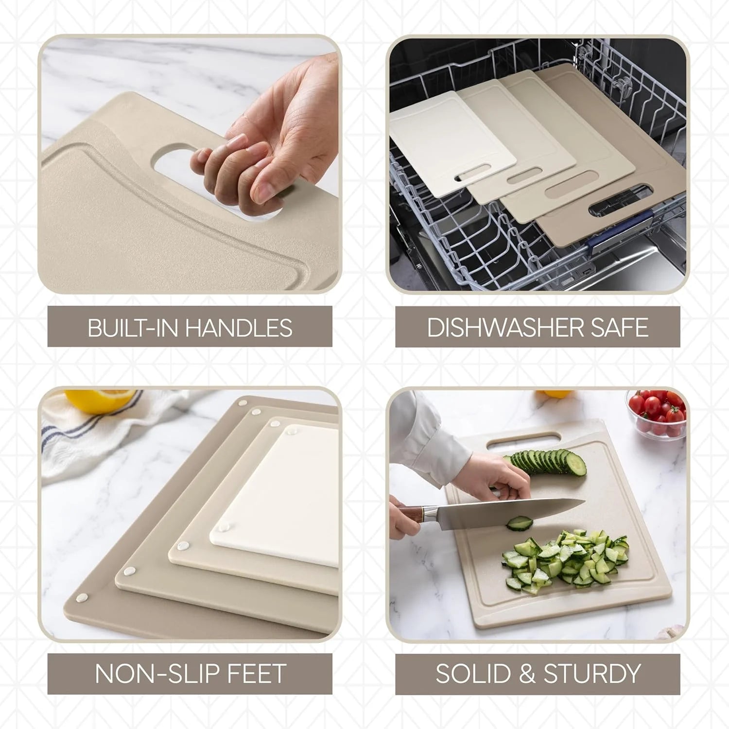 Non-Slip Cutting Board Set – Kitchen Essentials with Easy Grip Handle for Meat, Veggies, and Fruits, 4 Cutting Boards, Brown