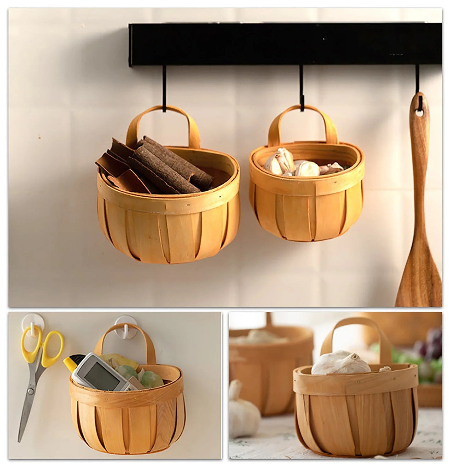 Bread Basket,Wood Chip Picnic Basket with Handle, Handmade Woven Fruits Vegetable Storage Basket Holder for Storage Gift Flower Wedding Serving Kitchen Cabinet Organizer,Khaki,4.9*5 Inch