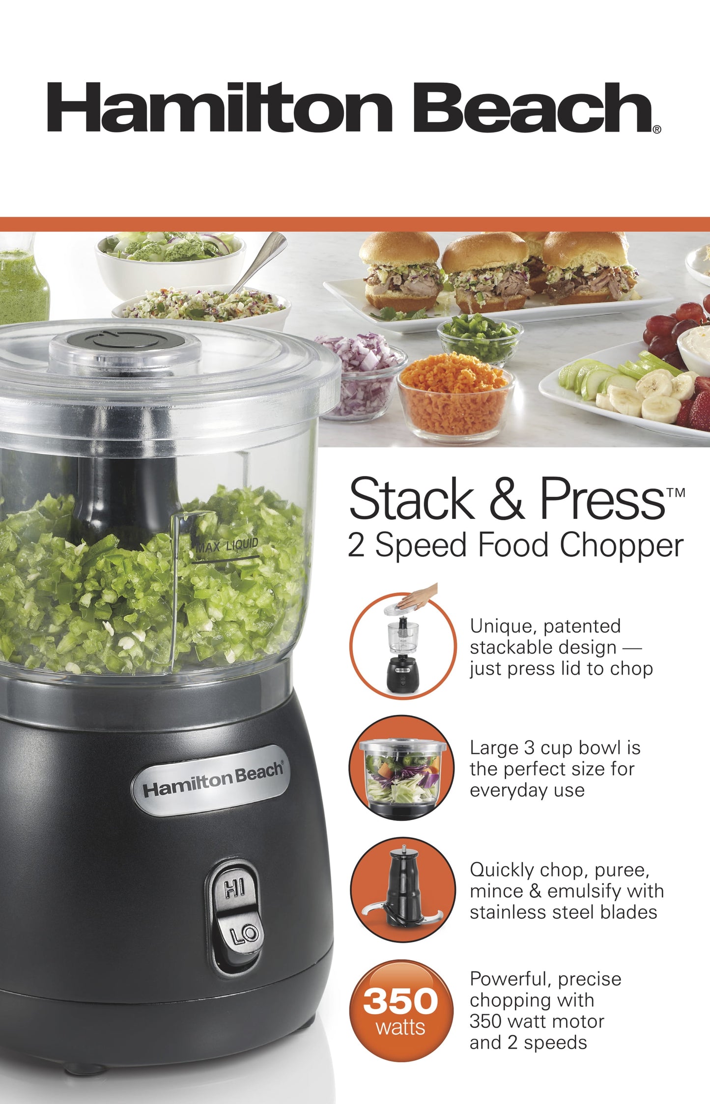 Stack & Press 2 Speed Food Chopper, 3 Cup Bowl Capacity, 72890F