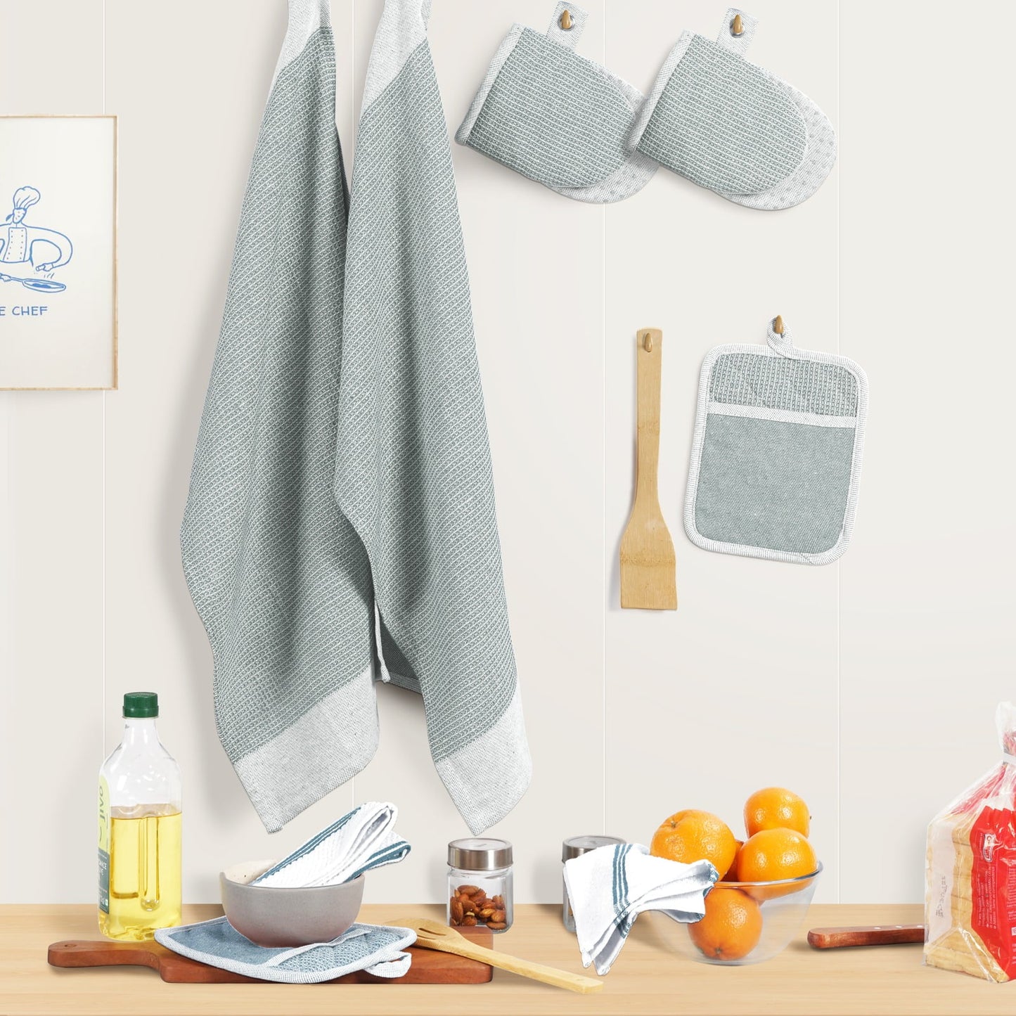 Kitchen Set Pack of 8, Oven Mitts Pot Holders Pad and Towel Set, Cute Kitchen Starter Set, Short Oven Mitts and Kitchen Hand Towels and Dish Cloths Sets - Grey