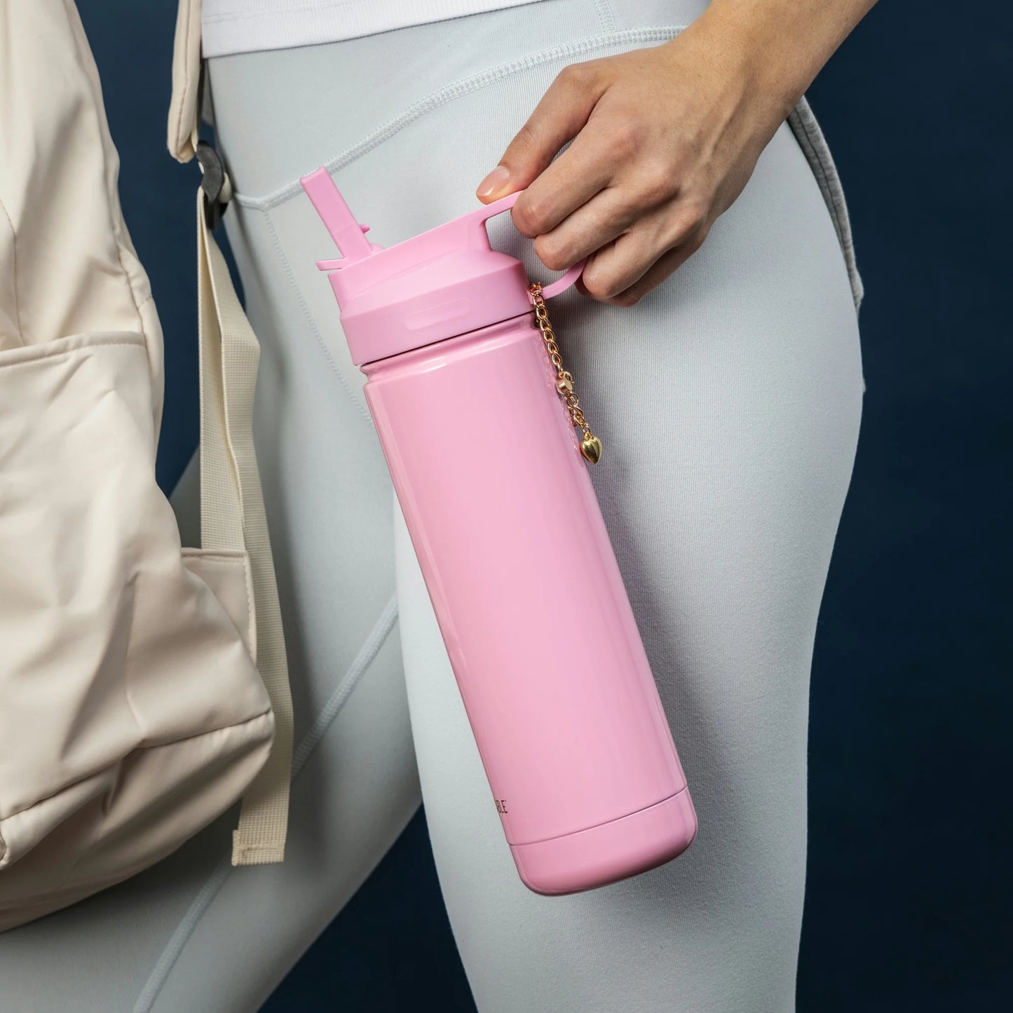 26 oz Water Bottle with Straw Lid, Pink with Gold Heart Charm