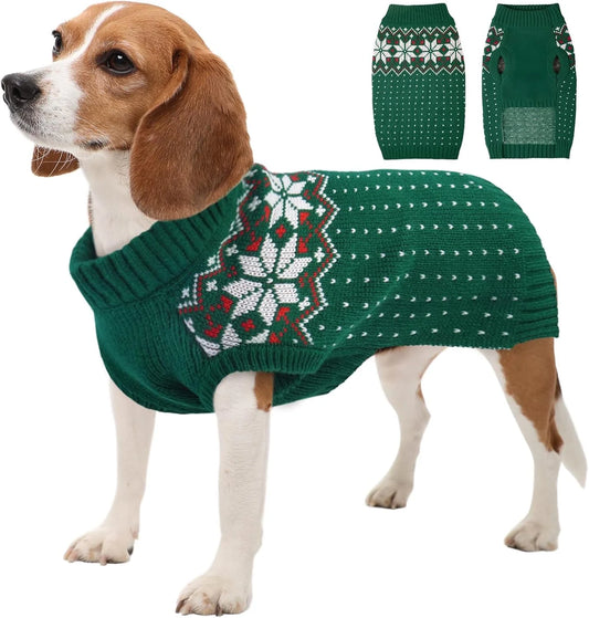 Holiday Christmas Snowflake Knit Sweater for Dogs and Cats, Green, Medium