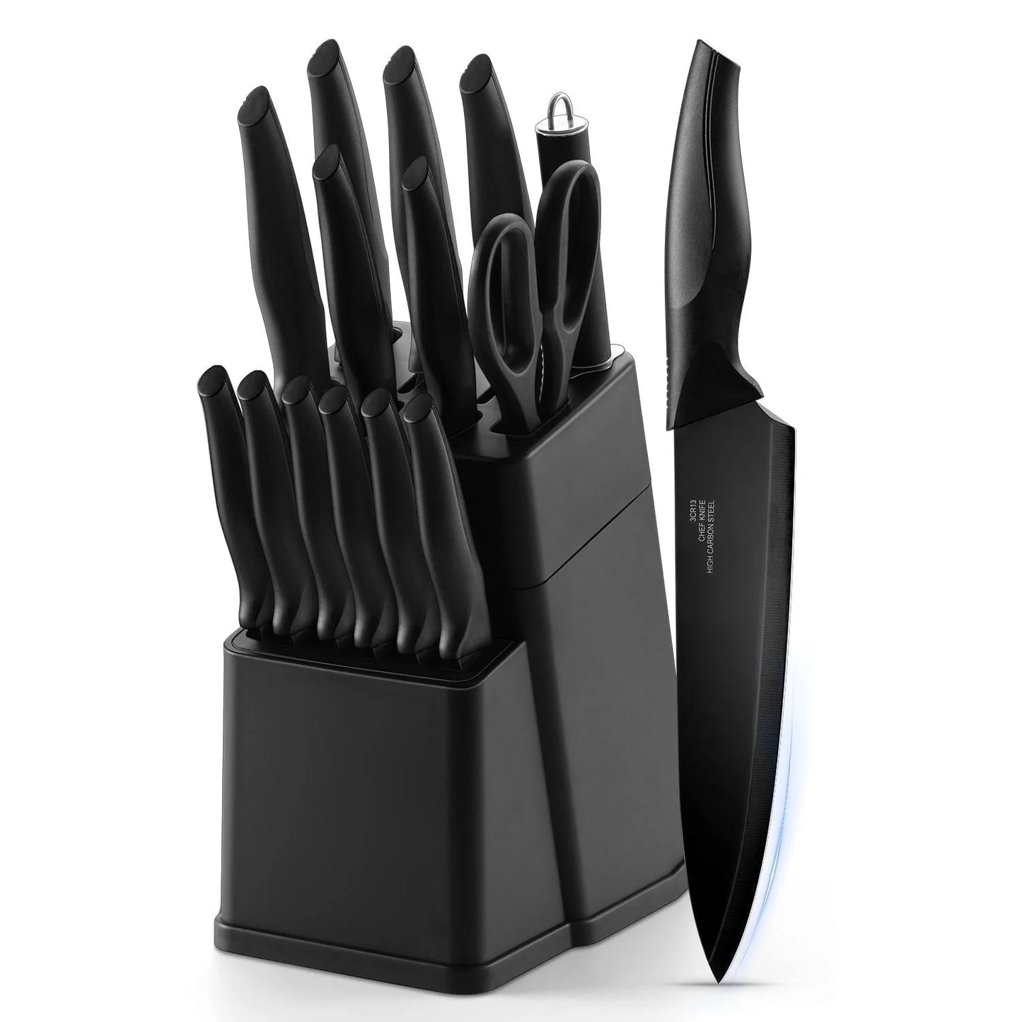 15-Piece High Carbon Stainless Steel Kitchen Knife Set with Self-Sharpening Block - Black